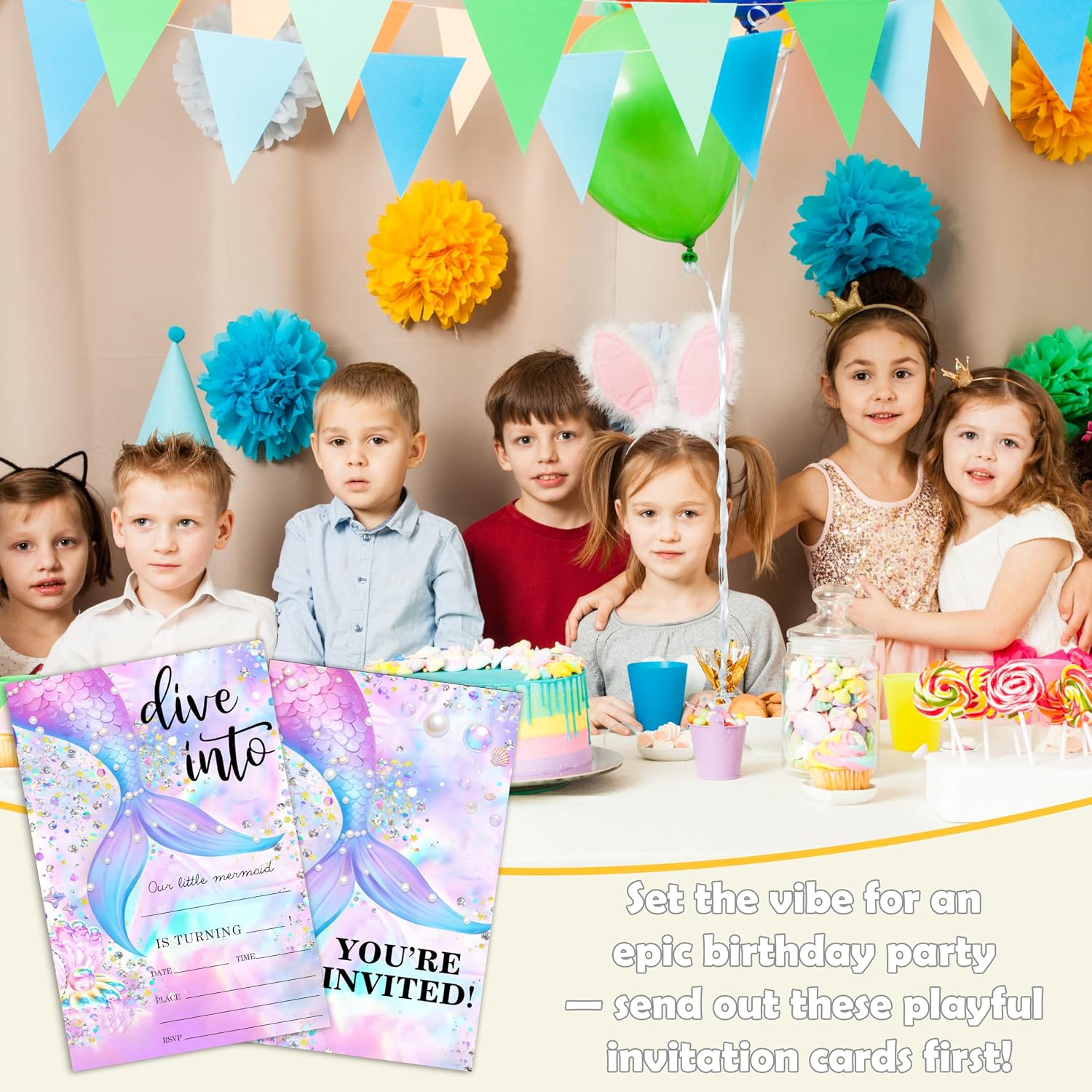 Mermaid Birthday Invitation Cards, Under the Sea Birthday Invites, 20 Party Invitations with 20 Envelopes, Birthday Celebration Supplies, 4x6 Double-sided Fill-in bday Invites for Girls