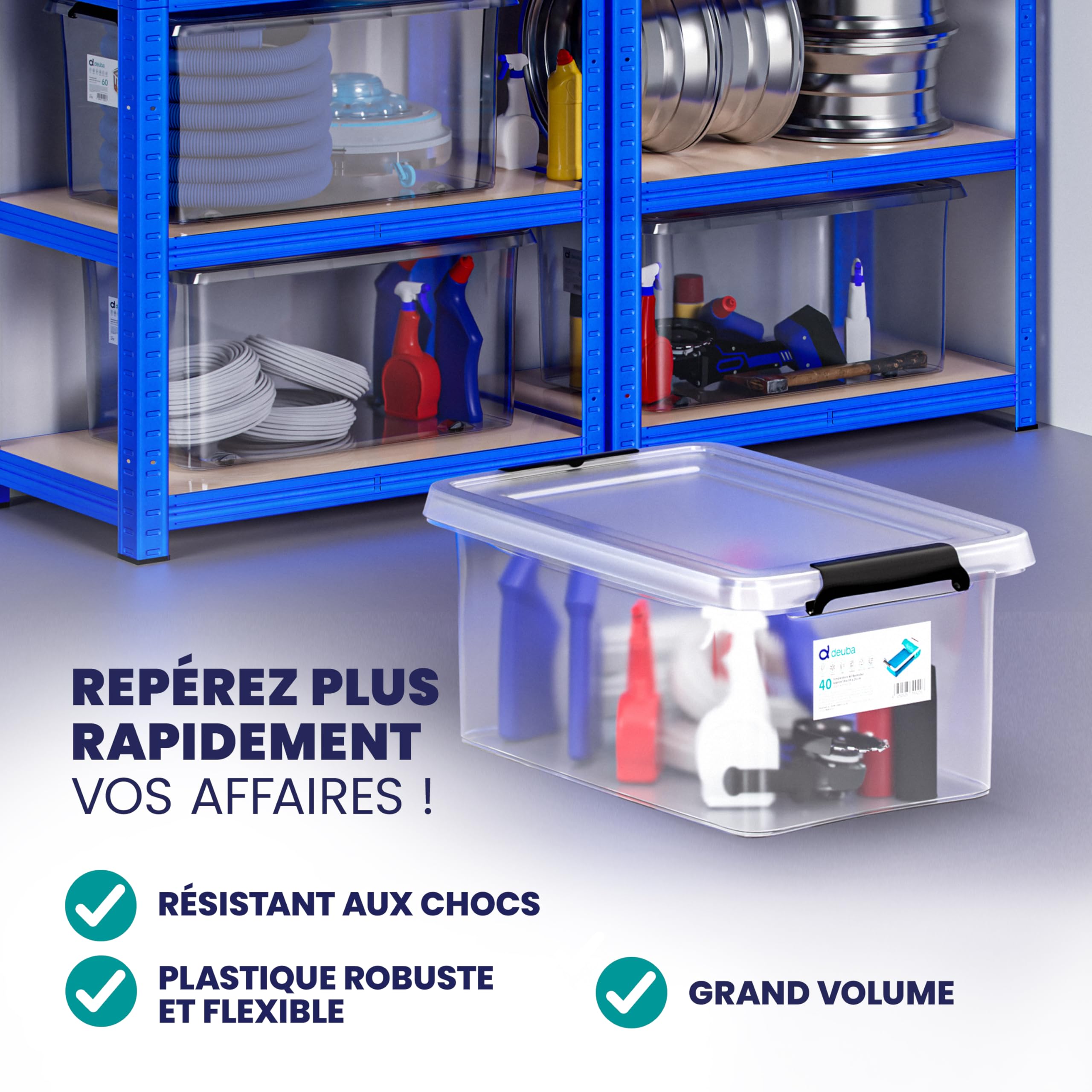 Deuba® 8x Boîte de rangement 40L en plastique transparent empilable sans BPA gain de place caisse de rangement organiseur