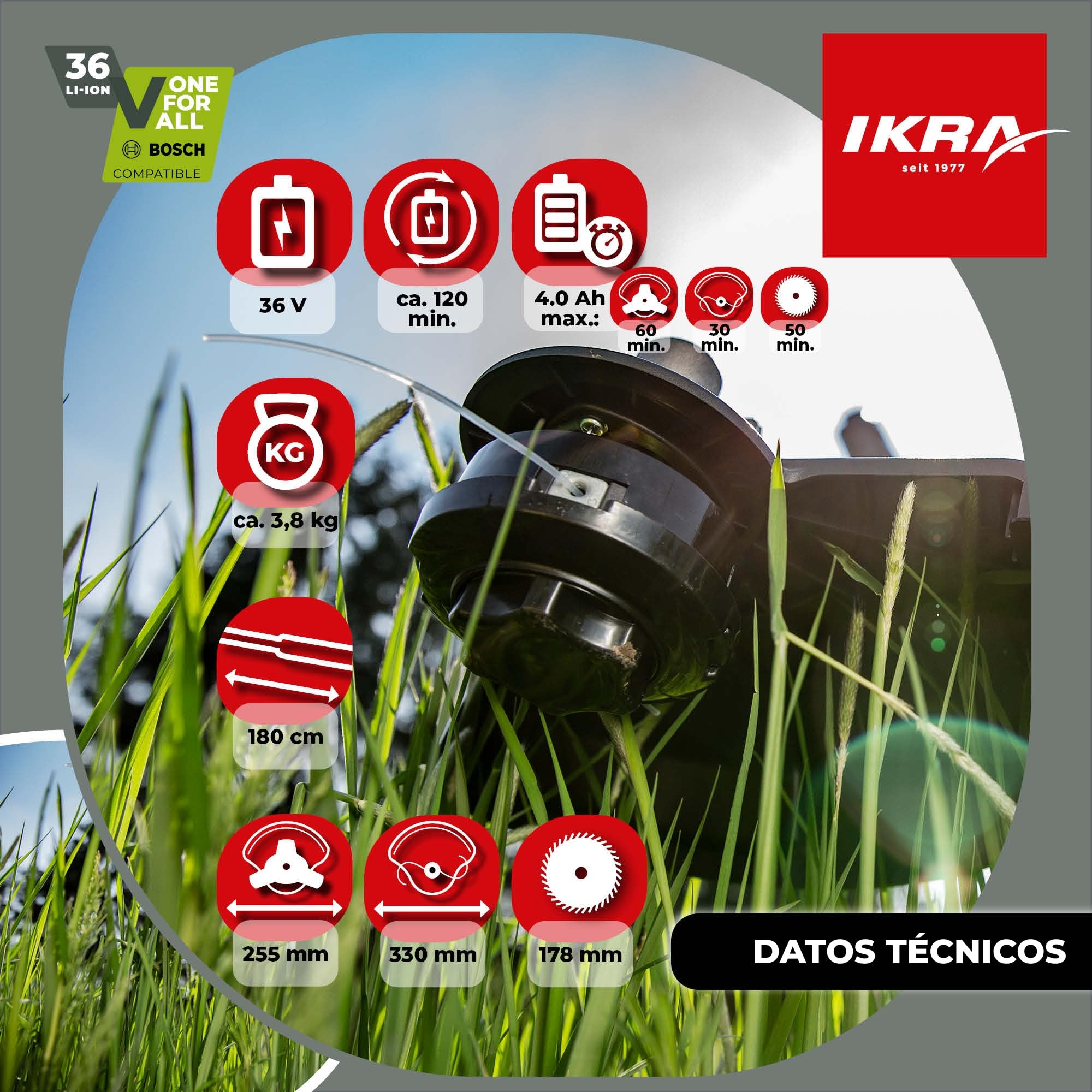 IKRA desbrozadora y cortabordes IB-BC 33, sin batería de 36 V ni cargador | Compatible con Bosch, motor sin escobillas, incluye bobina Easy-Load, cuchilla de tres dientes y hoja de sierra de 80 dientes