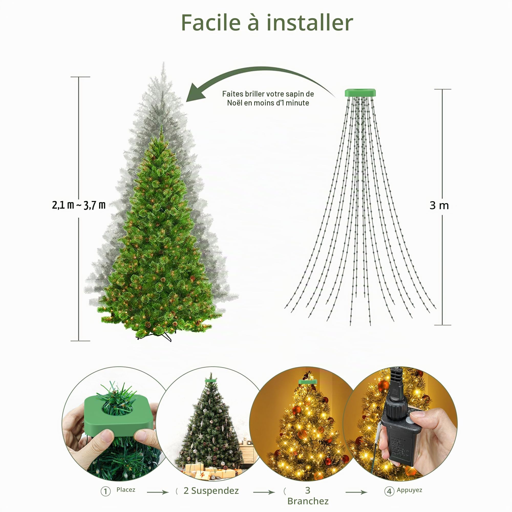 GYLEFY 3M *16 Branche Guirlande Lumineuse Sapin de NoëL, Blanc Chaud | Guirlande Lumineuse Extérieure en PVC, avec 8 Modes d'Éclairage et une Minuterie, Idéale pour Décorer le Sapin de Noël