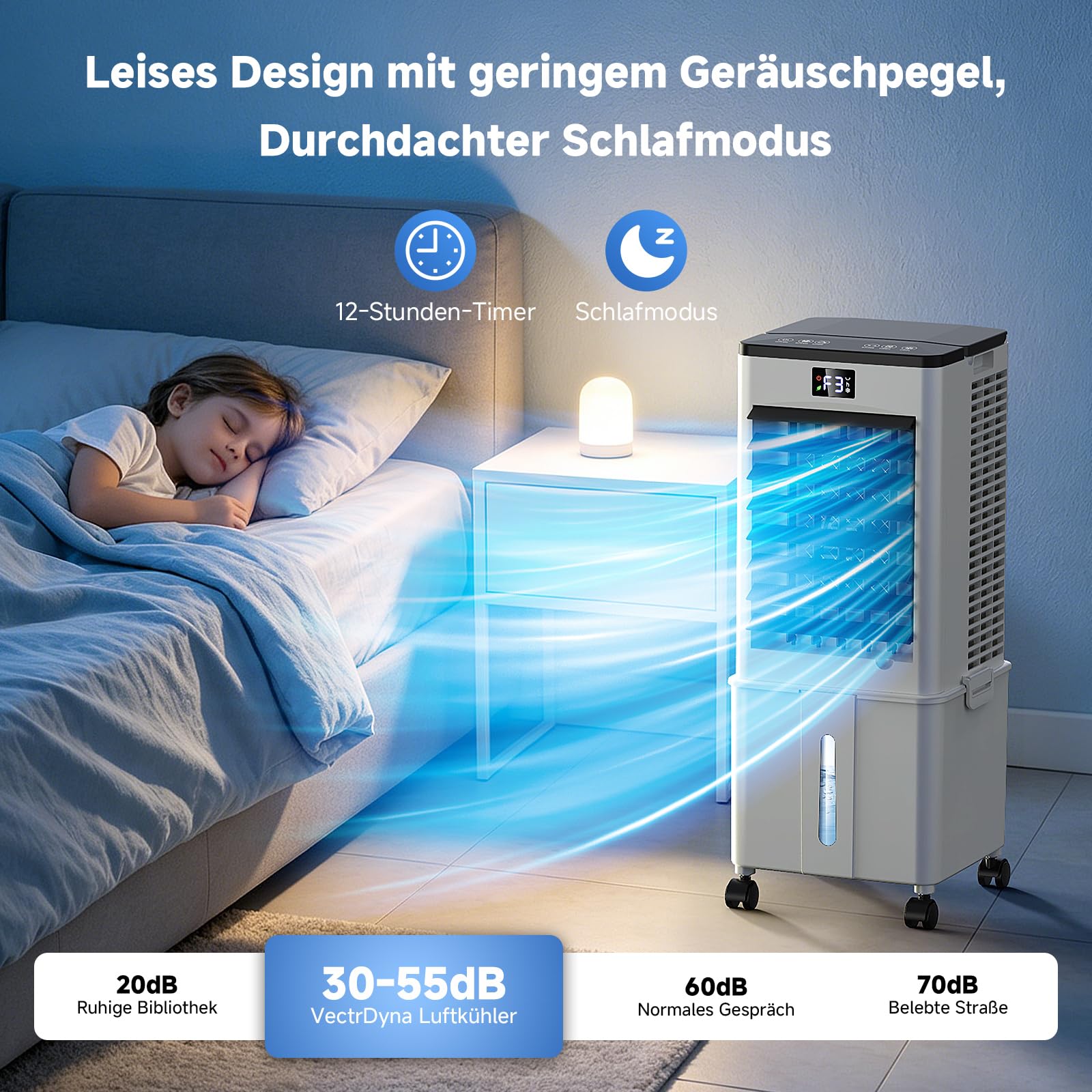 Mobile Klimaanlage ohne Abluftschlauch 10L Luftkühler 60W 4-in-1 Verdunstungskühler 12H Timer 4 Modi 120° Oszillation Abnehmbarer Wassertank Tiefschwarz