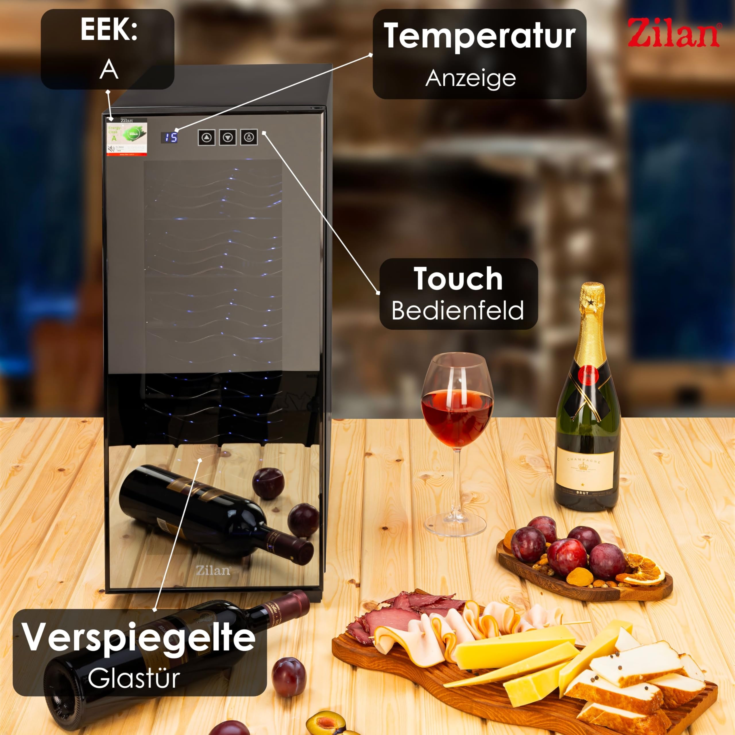 Zilan Refrigerador para vino, independiente, silencioso, 12 botellas, 33 litros, luces LED, enfriador de vino, armario pequeño con clima de vino, mini nevera, minibar con puerta de cristal