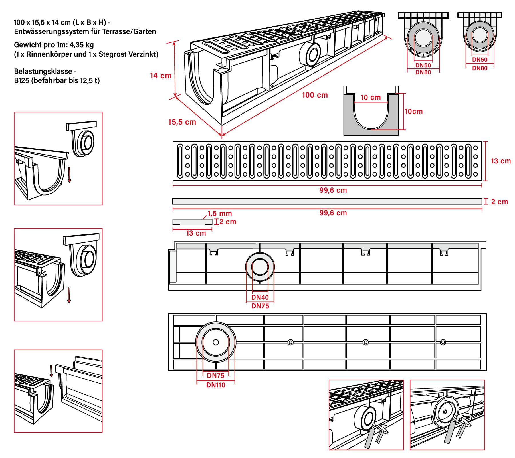 Caniveau extérieur PEHD 1000x155x140mm A15 Grille Acier galvanisé 1m pour allée Jardin Garage