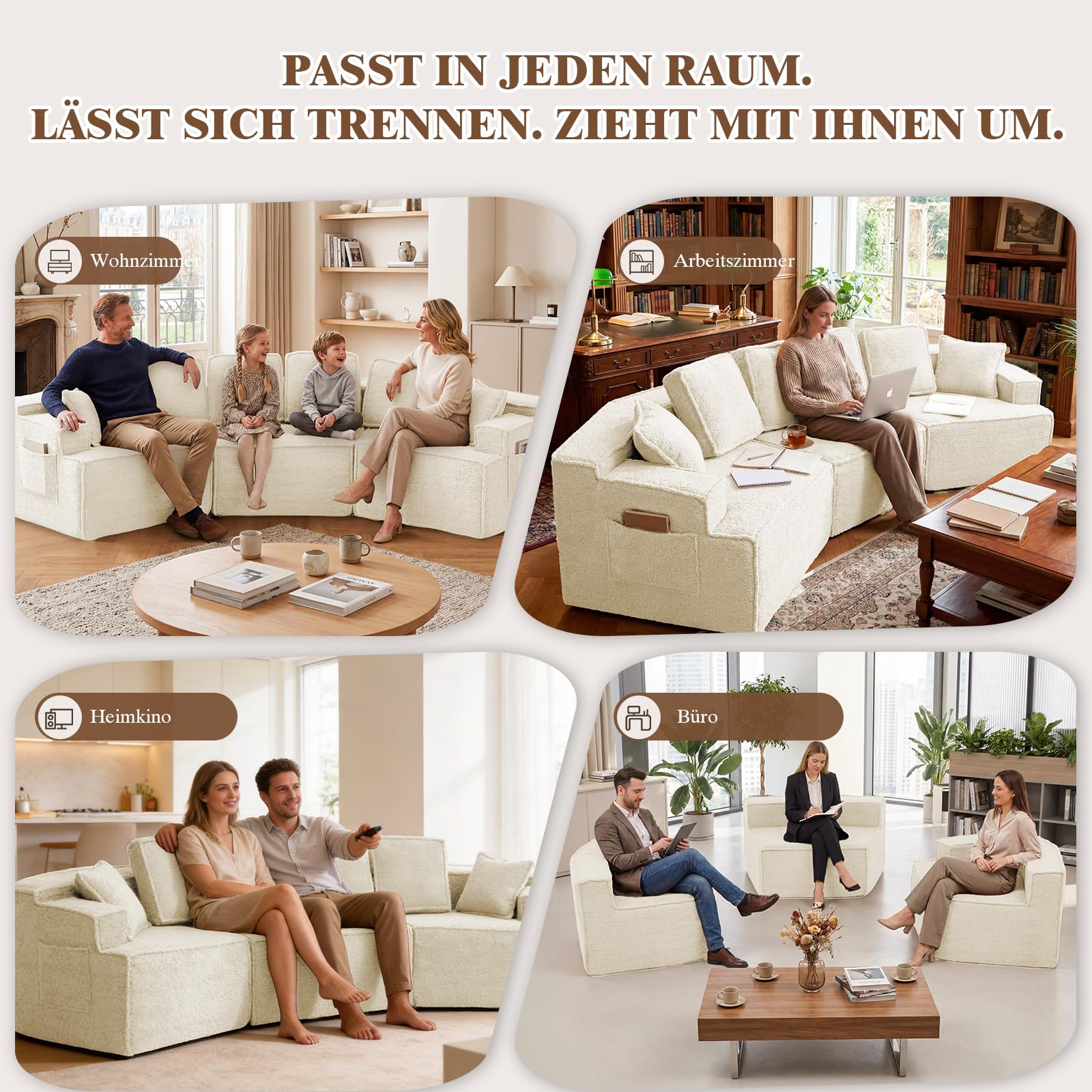 COMHOMA Sofa, modulares Schlafsofa, Polstersofa, 3-Sitzer Sofa, Flexible Sektionscouch,mit Aufbewahrungstasche, Couch mit schlaffunktion, Keine Montage erforderlich, Sherpa-Kunstfell-Bezug, Beige