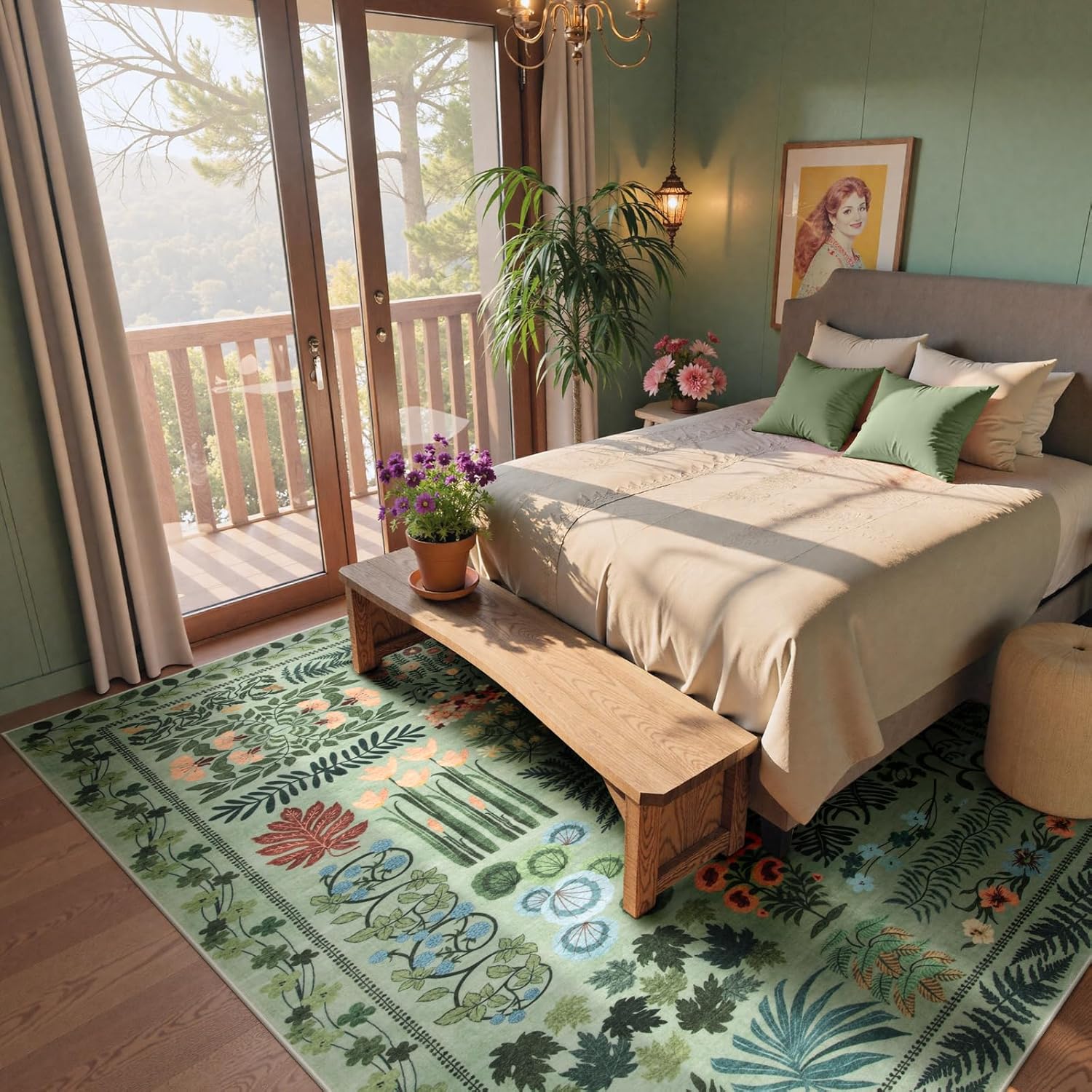 Boho Green Washable 8x10 Area Rug for Living Room, Floral Large Rugs for Bedroom Aesthetic, Non Slip Botanical Soft Indoor Throw Carpet for Dining Room Home Office Playroom (Green,8 x 10)