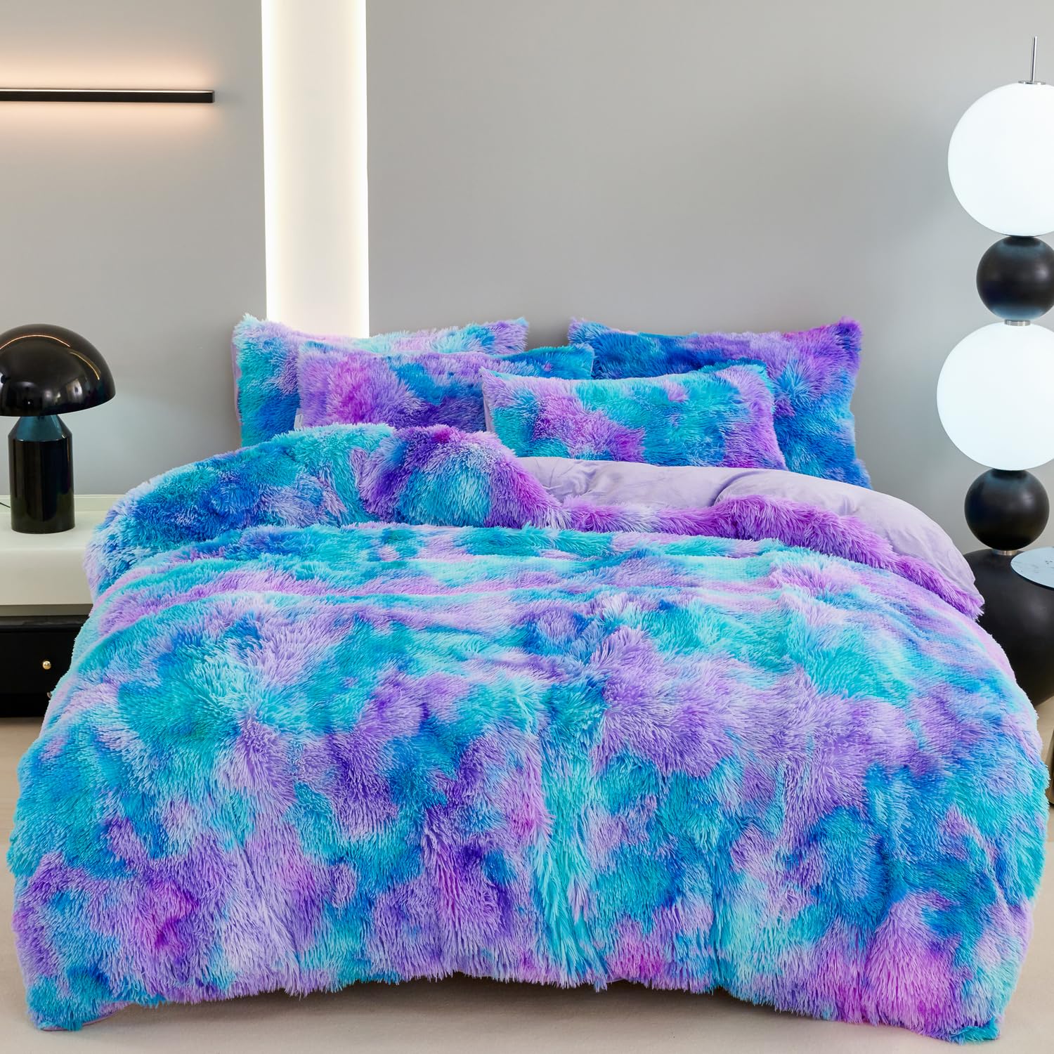 ZRNBAST Shaggy Duvet Cover Set Twin Size for Girls Boys Blue Purple Tie Dye Comforter Cover Set Faux Fur 3 PC Fluffy Soft Colorful Furry Bedding Set for All Season(Blue Purple,Twin)