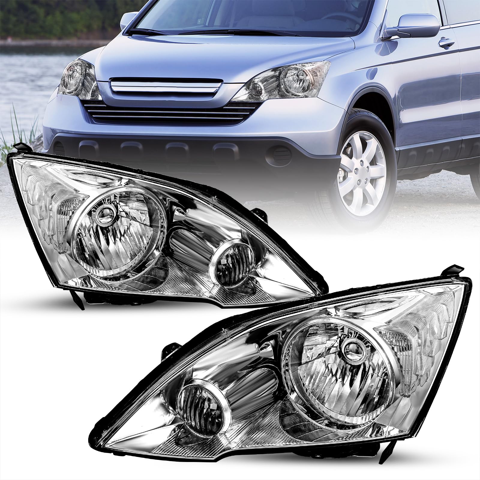 TUSDAR Headlight Assembly Fit for 2007-2011 Honda CR-V Passenger and Driver Side (Chrome Housing with Clear Reflector)