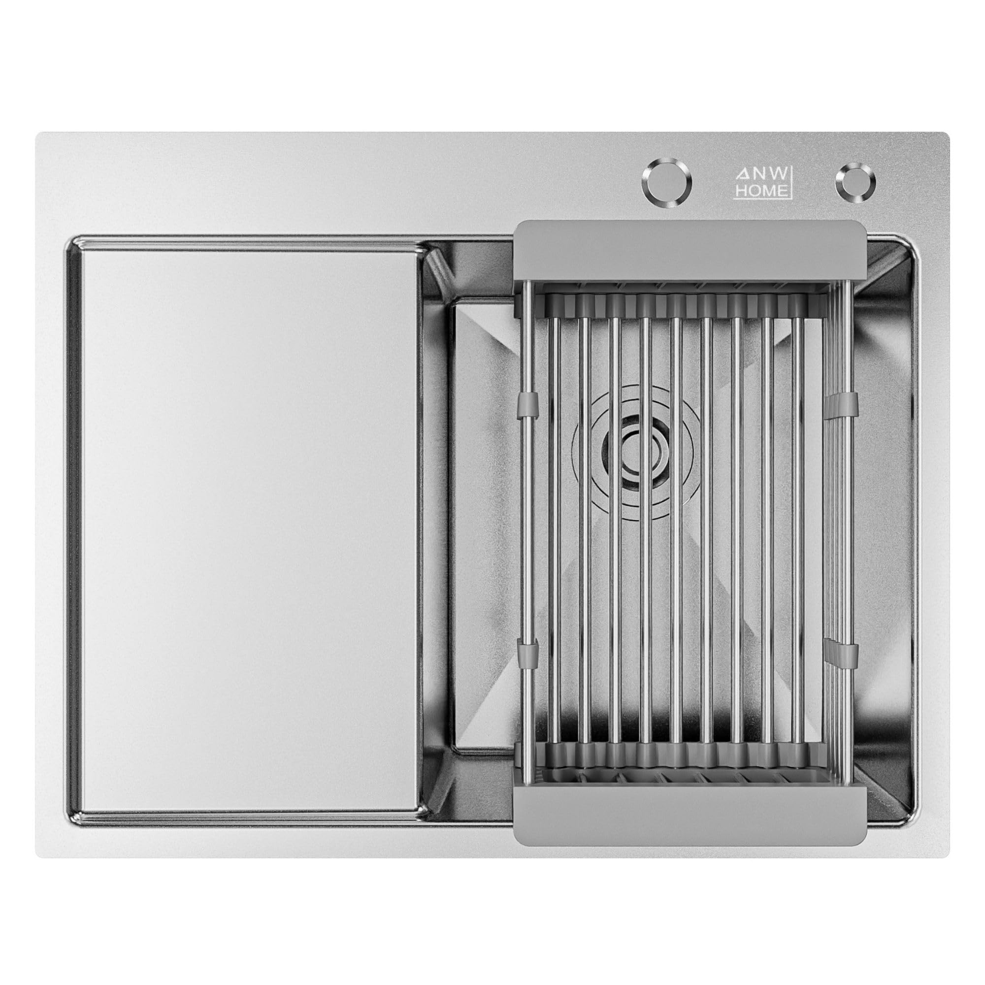 ANW HOME Lavello Cucina 1 Vasca Acciaio Inox, Lavandino Cucina da Incasso con Gocciolatoio 63x50 cm, Argento, Finitura Nano, Spessore 3.0/1 mm, con Sifone, Dosatore e Cestello