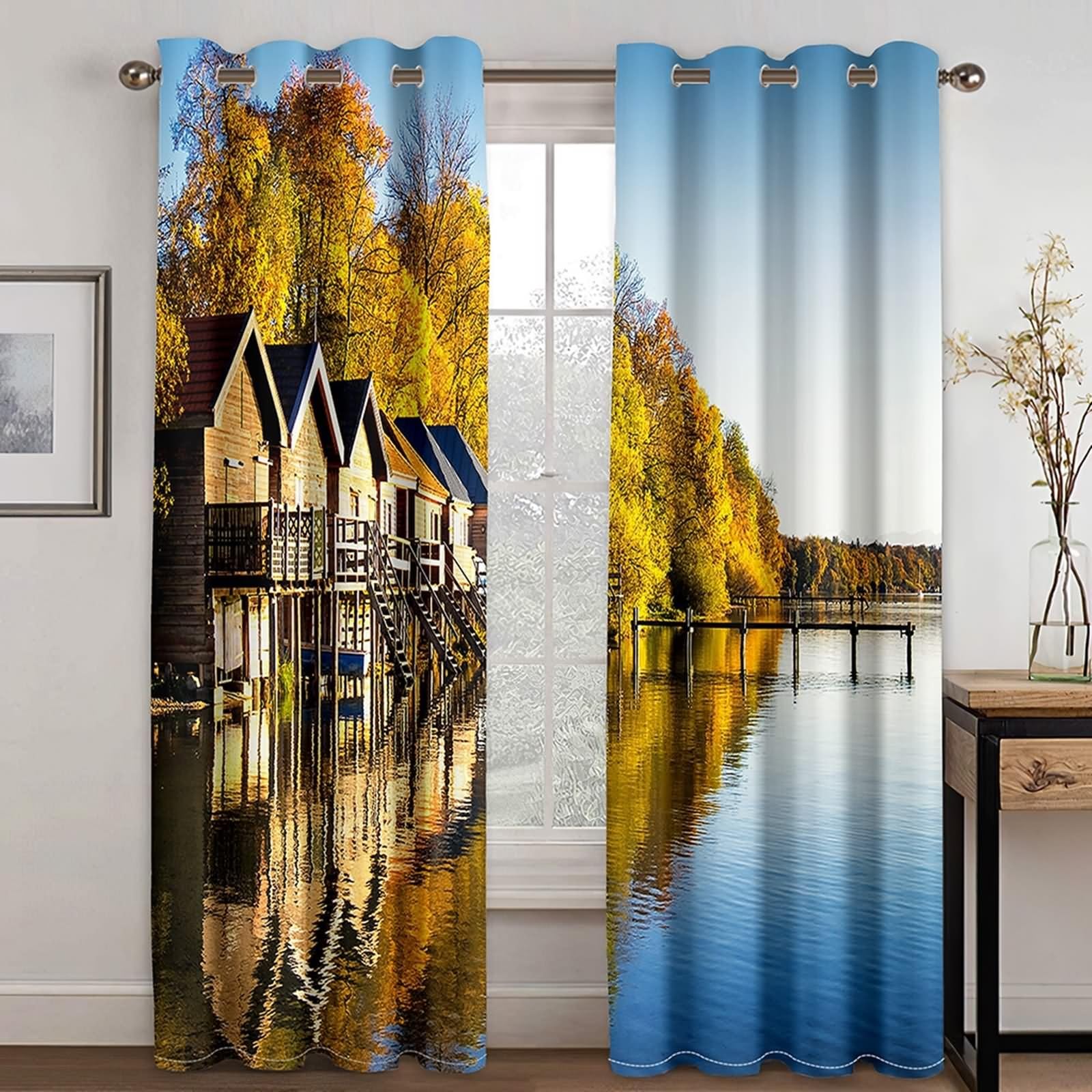 Gardine Landhausstil, Küchenvorhänge Gelb Blau Seehaus und Bäume Landschaft Polyester 2er Set 428x274cm