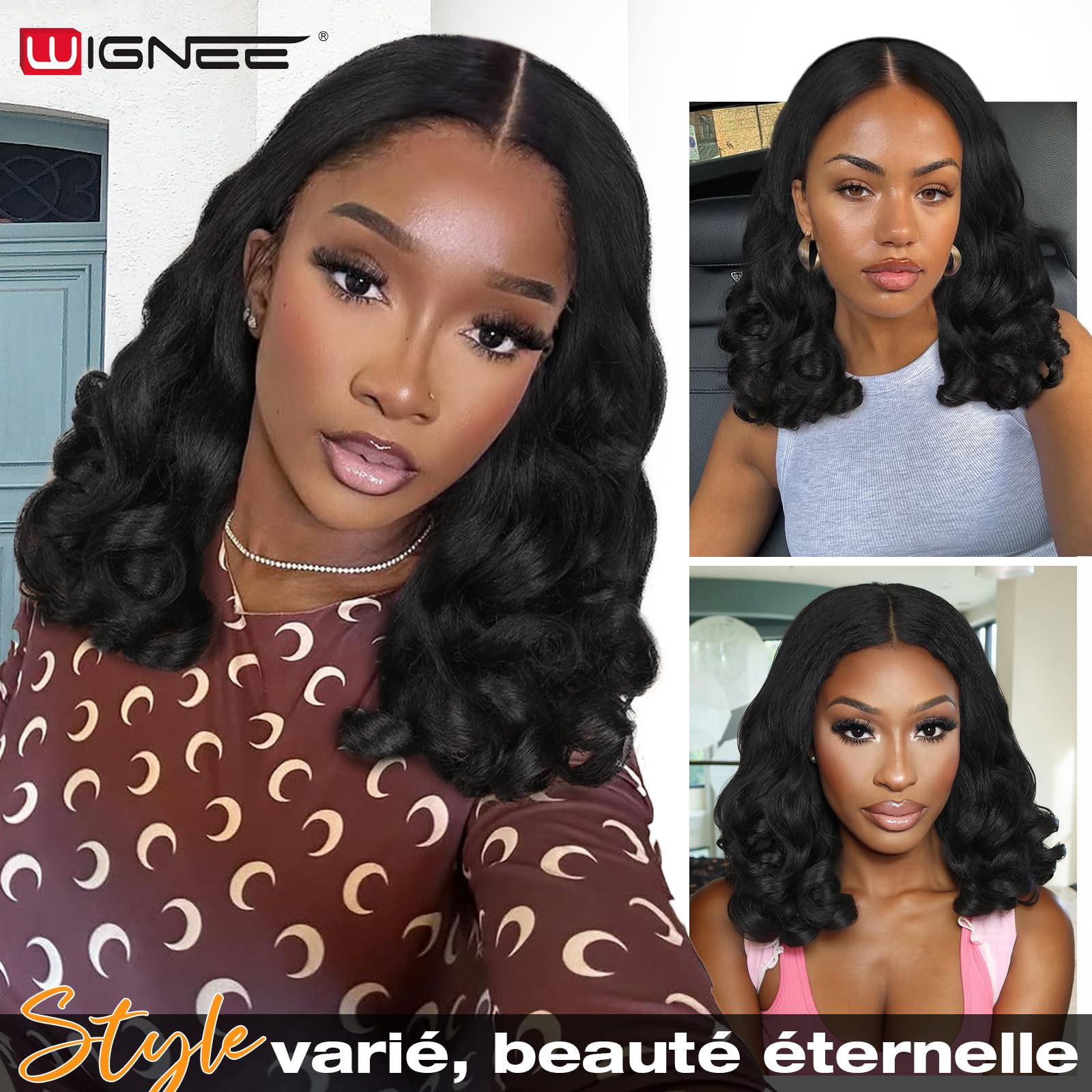 WIGNEE Perruque V Part Bouclée 46 cm – Yaki Synthétique Résistante à la Chaleur, Noir Naturel, Demi-Perruque Légère, Mélange Invisible pour Usage Quotidien