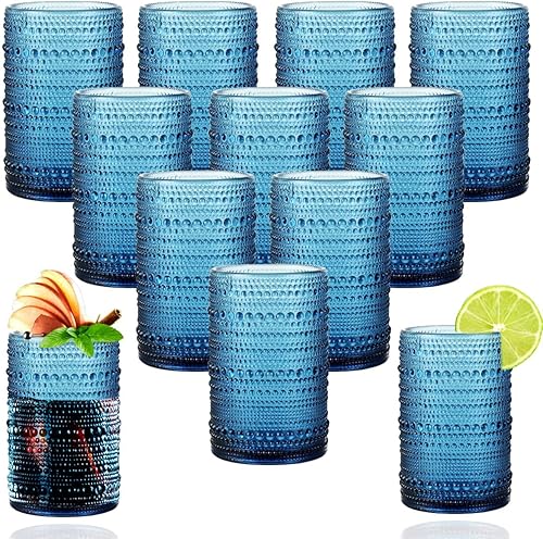 Juego de vasos de 12 vasos de 15 onzas con diseño de hobnail vintage, vasos de vidrio a la antigua, aptos para lavavajillas, cristalería en relieve,