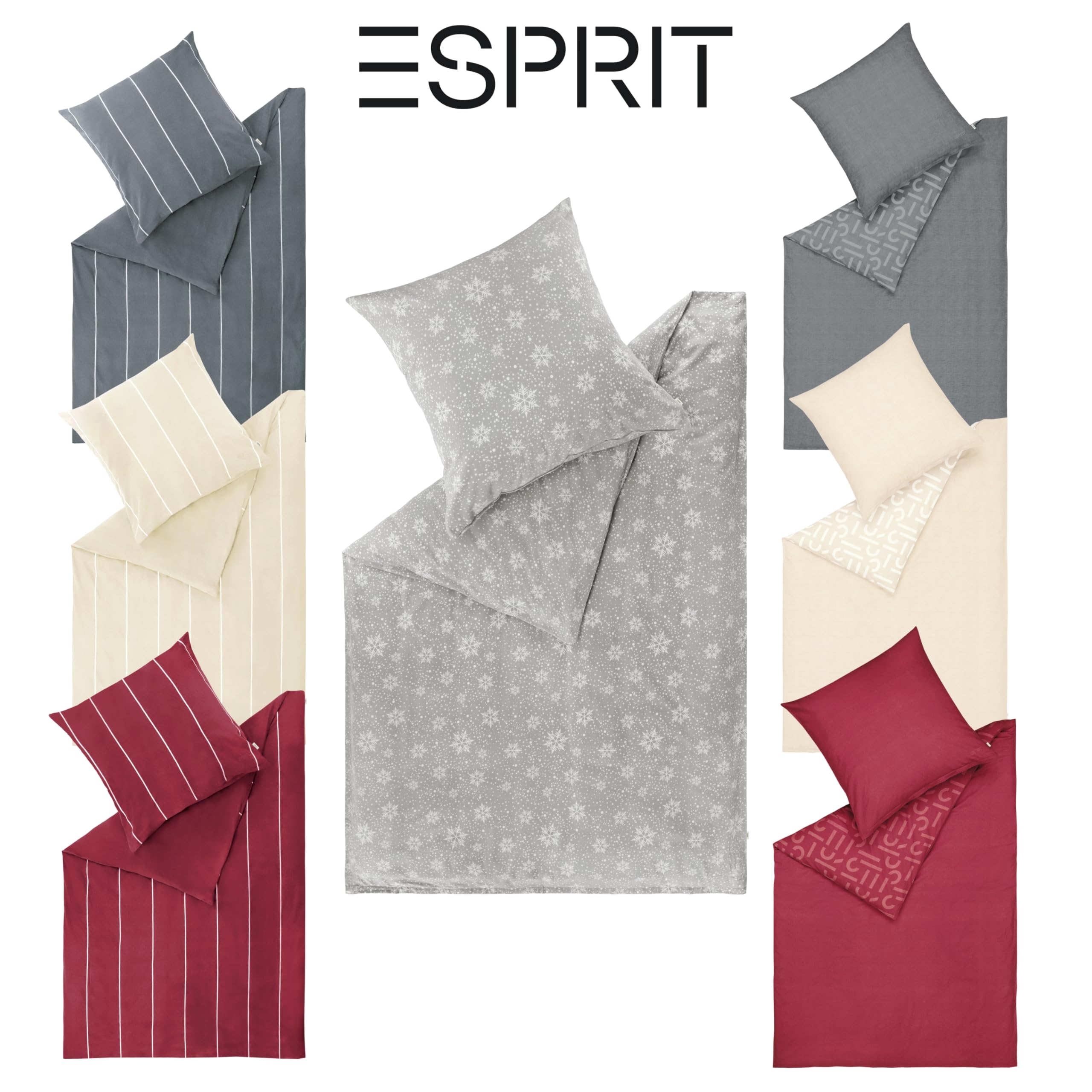 Esprit 2-częściowy komplet pościeli flanelowej 135 x 200 cm, bawełna szara płatki śniegu – przytulny i puszysty – 135 x 200 cm – poszewka na kołdrę i poszewka na poduszkę 80 x 80 cm – zima i Boże