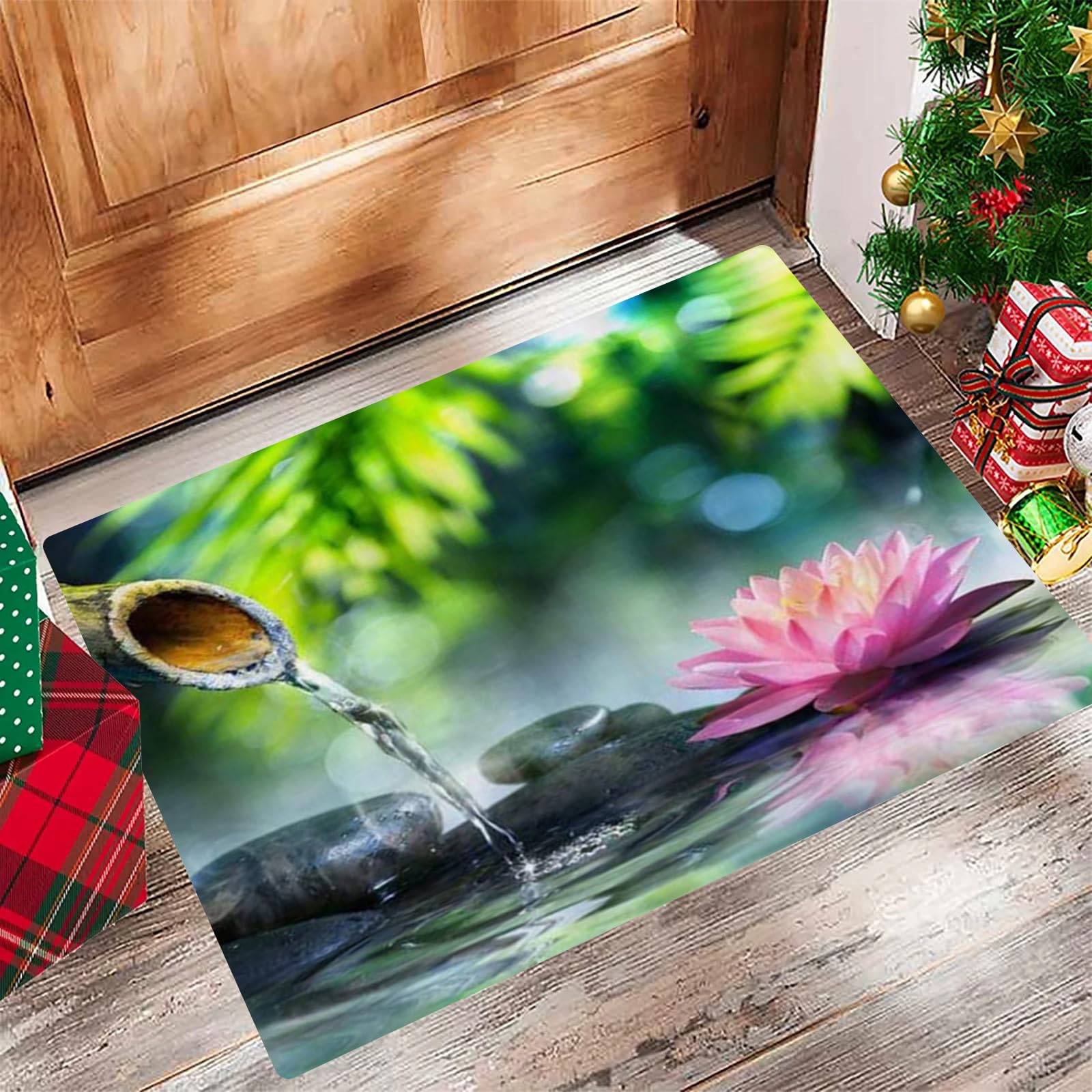 EKSEDBath Mat 60x100 cm,Non-Slip Bathroom Mat Machine-Washable,Zen Stones GreenSpa Garden Pink Lotus Treatment Vacation,Ultra Soft and Water Absorbent Bath Rug for Bathroom,Tub and Shower