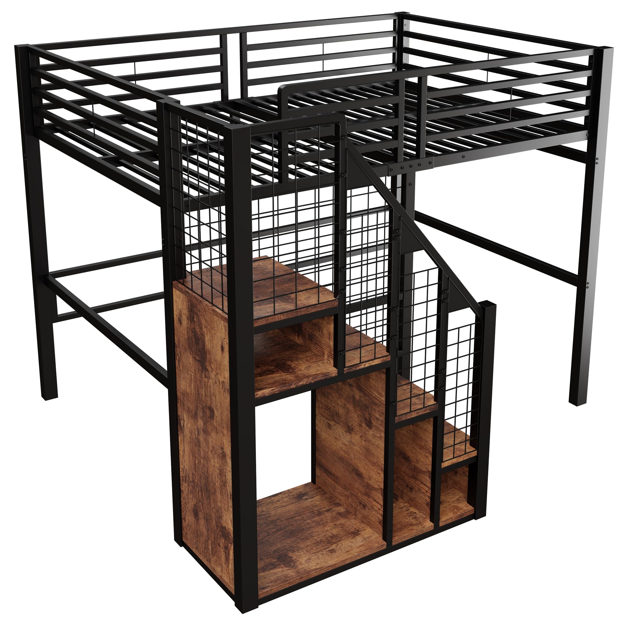 Dolamaní Letto a soppalco 140 x 200 cm con scala per bambini e adulti, rete da letto in metallo con sicurezza anti-caduta, grande spazio sotto il letto, nero