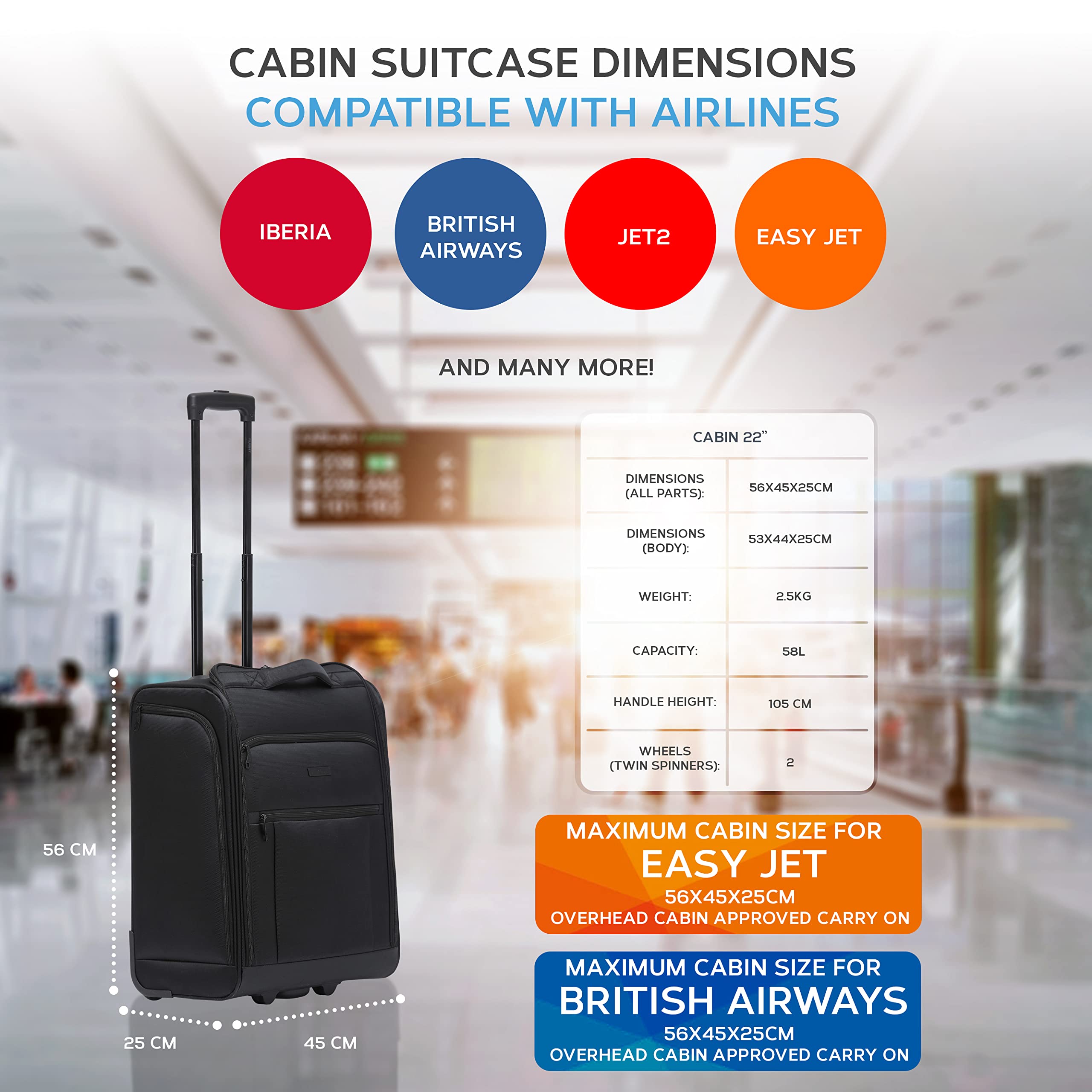 Flight Knight 56x45x25cm easyJet & British Airways Large Carry On Approved & Tested Maximum Size Hand Luggage Case - 2 Wheels - Ultra Lightweight Durable Soft Case Textile Cabin Suitcase