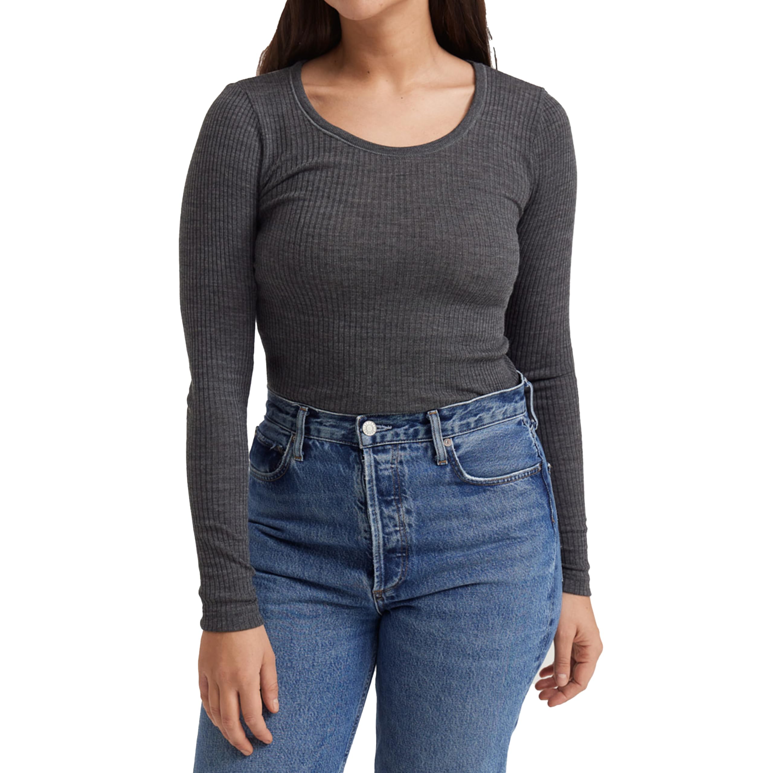 Dilling Women's Dark Grey Melange Ribbed Shirt - Organic Merino Wool 8