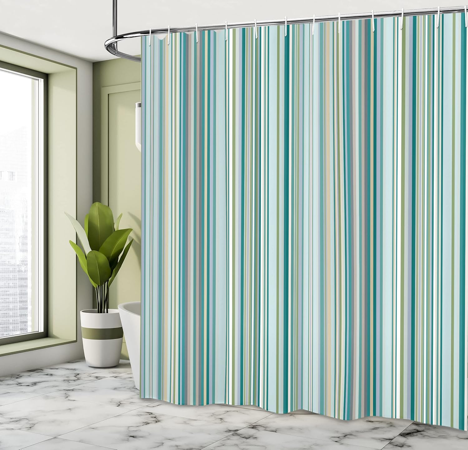 Ambesonne Striped Shower Curtain, Blue Purple Teal Aqua Lavender Colored Vertical Stripes Geometric Abstract Vintage, Cloth Fabric Bathroom Decor Set with Hooks, 69" W x 84" L, Mint Green