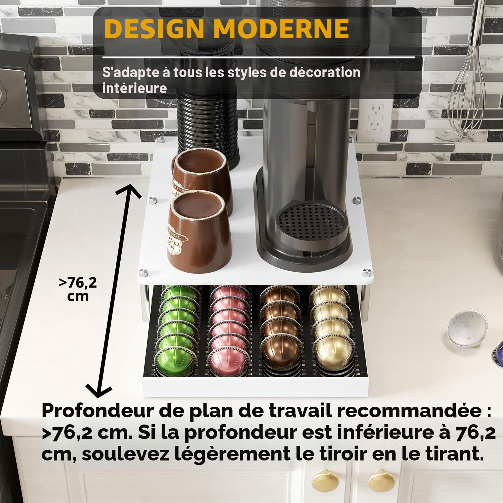 SpaceAid Tiroir de rangement en bambou pour dosettes de café compatible avec capsules Nespresso Vertuo, plateau de rangement compatible avec 40 grandes ou 56 petites dosettes, blanc