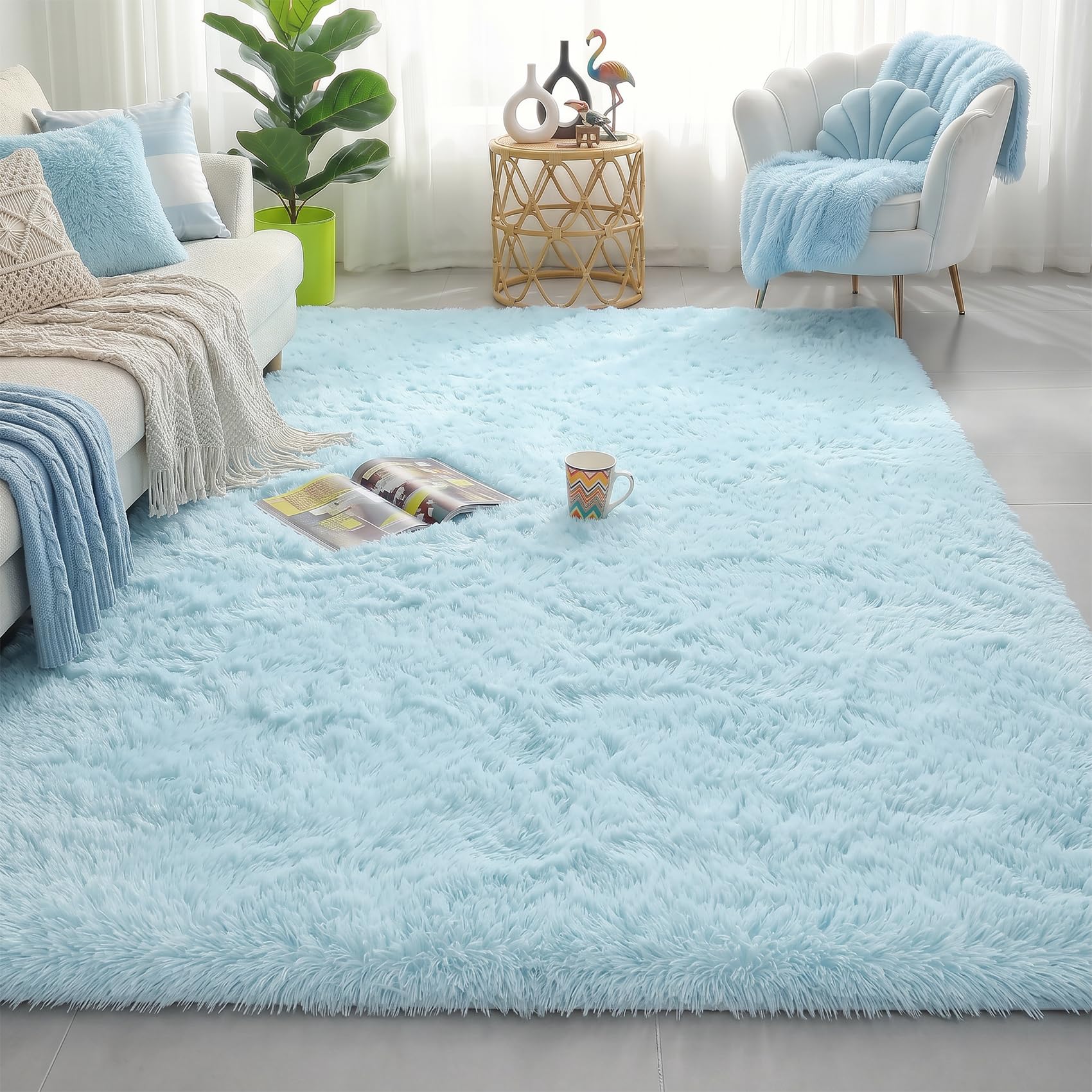 Amdrebio Light Blue Fluffy Big Rug 6x9 for Living Room Baby Kids Bedroom