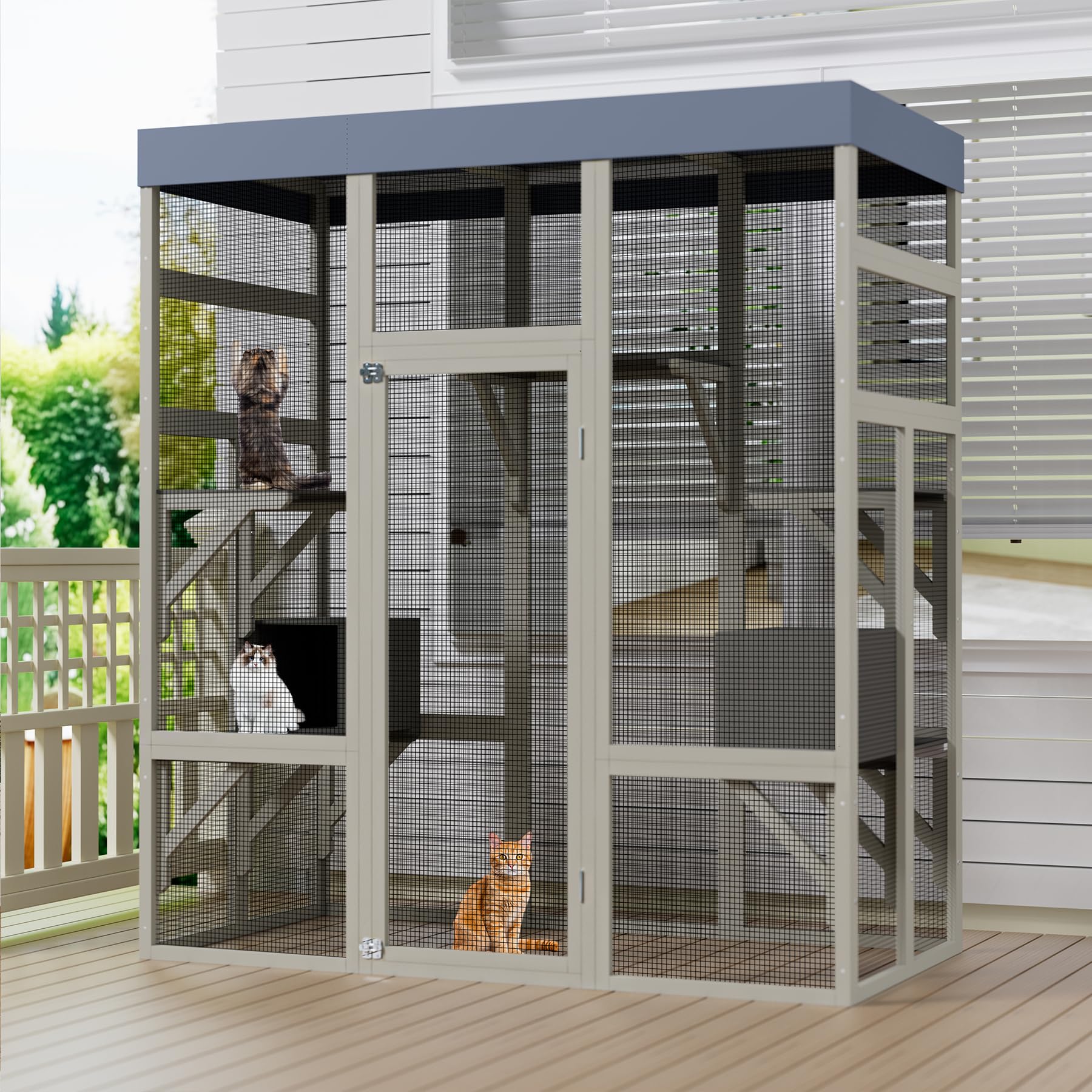 70inch Large Catio Outdoor Cat Enclosure with Waterproof Roof, Cat House for Outdoor Cats - Safe Play- Jumping Platform & 2 Napping Resting Box (Gray-1)