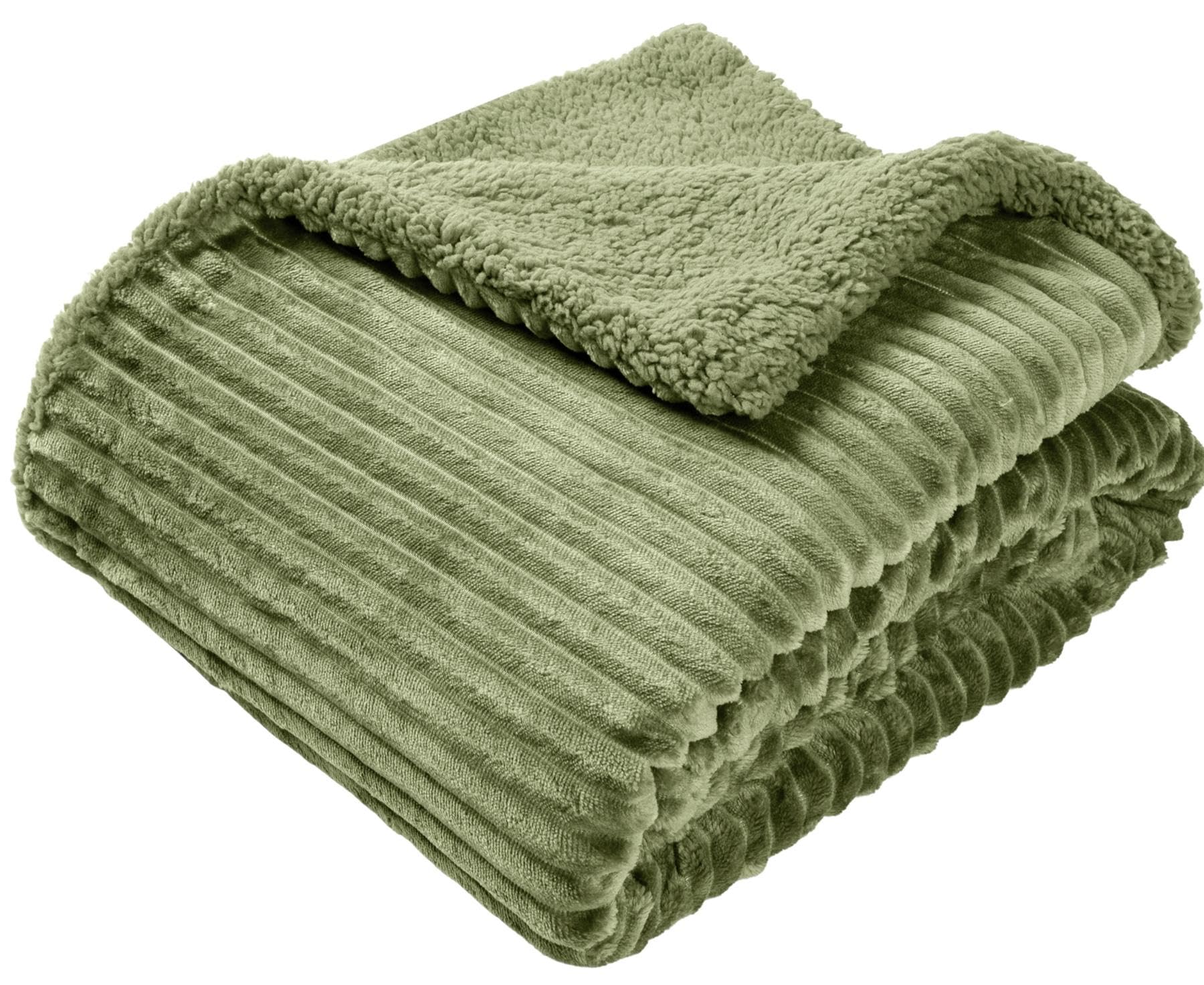Adore Home Green Ribbed Fleece Throw 130X160cm With Sherpa Reverse - Reversible Ultra Soft Cosy Blanket