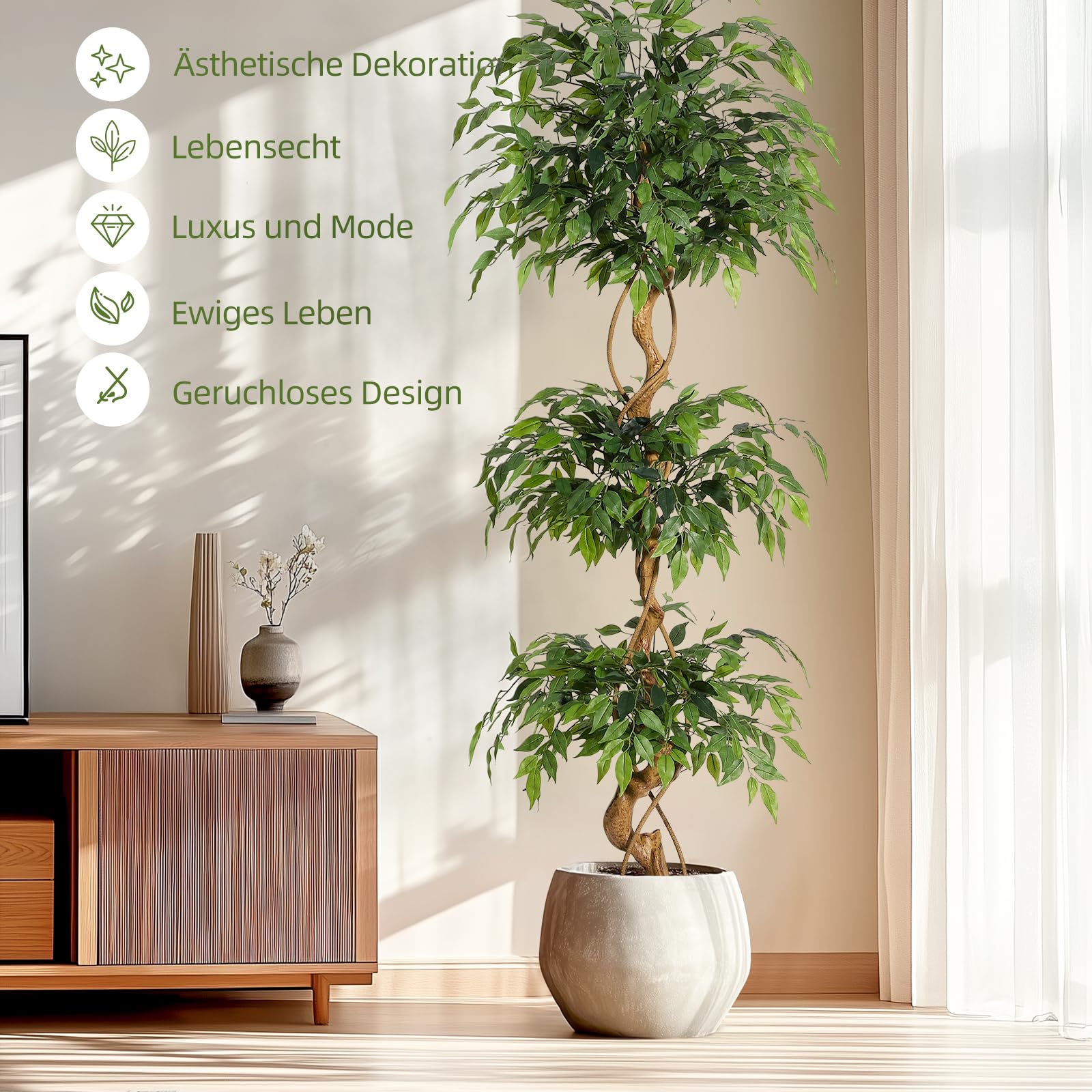 Künstliche Pflanzen 180cm Kunstpflanzen groß für Wohnzimmer | Nahtlose Steckmontage | Seidenstoffblätter | Flexibel formbare Zweige | Vormontiert im 22 x 23 cm Blumentopf