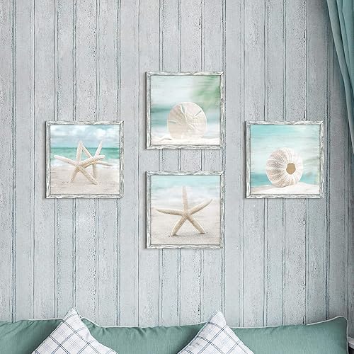 Miniatura 3 de Arte de pared de madera enmarcado en la playa juego de 4 ilustraciones de estrellas de mar y dólar de arena impresiones de fotos de paisaje marino