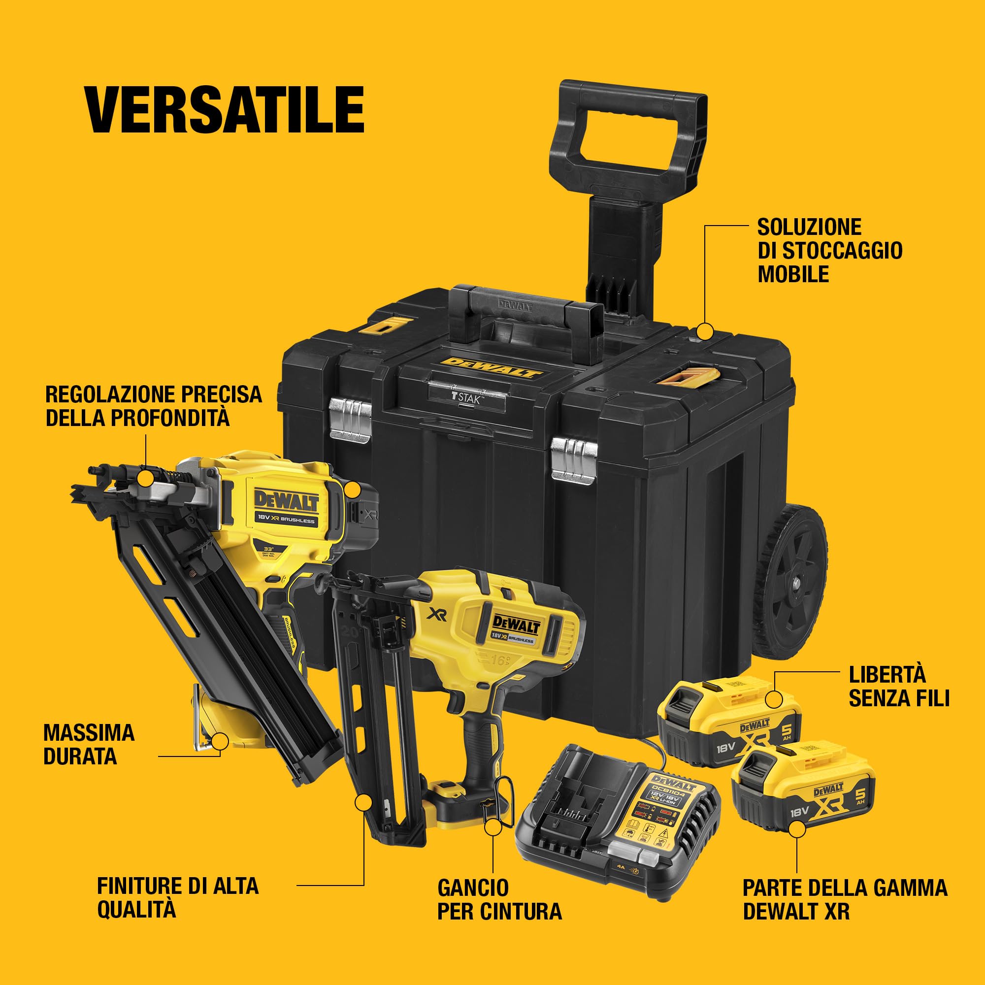 DEWALT Kit doppio di chiodatrici senza spazzole 18V XR con 2 batterie da 5,0Ah, caricabatterie e valigetta TSTAK, spina UE, DCK246P2T-QW