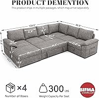 Vista 3 de 108 Inch Modular Sectional Sofa with Pull Out Bed,U Shaped 7 Seat Sectional Sleeper Sofa with Storage,Sectional Couches for Living Room,Cloud