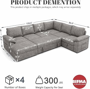 Weture 108 Modular U Shaped Sectional Sofa with Pull Out Sleeper Bed and Storage, 7 Seater Cloud Couch for Living Room, Light Grey