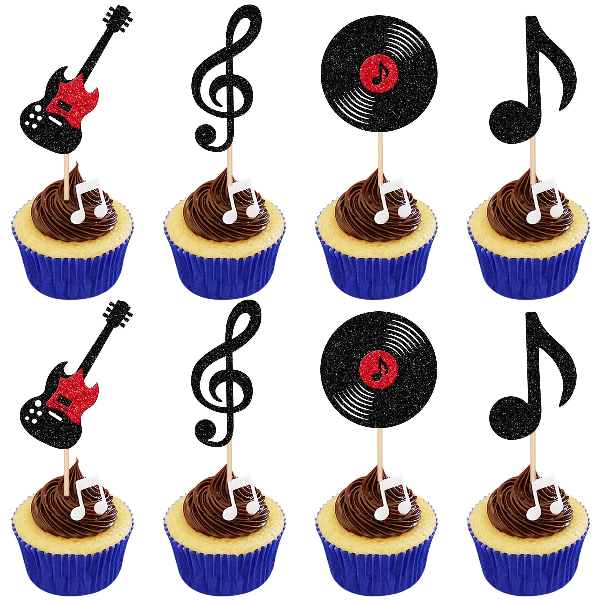 Xsstarmi 24 Pack Music Theme Cupcake Toppers Black Glitter Guitar Record Music Notes Cupcake Picks for Rock Musician Singer Happy Birthday Party Cake Decorations โ image 1
