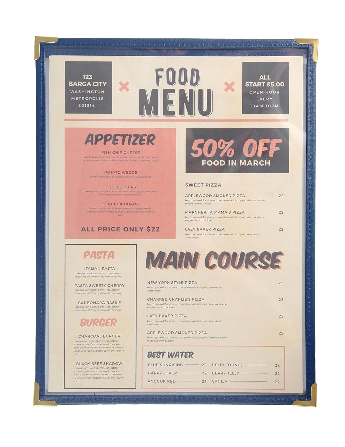 Menu Covers, Single Page, 1 Pocket, 2 View, for 8.5" x 11" Letter Size Paper, Pack of 6, Blue Edging + Gold Metal Corner, Made with Leatherette & Vinyl