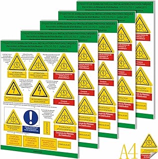 Kit 65 étiquettes adhésives Signalisation Photovoltaïque avec stockage AVEC BATTERIE ou SANS, raccordé au réseau ou non, Autoconsommation pour être conforme CONSUEL et UTE C15-712-1