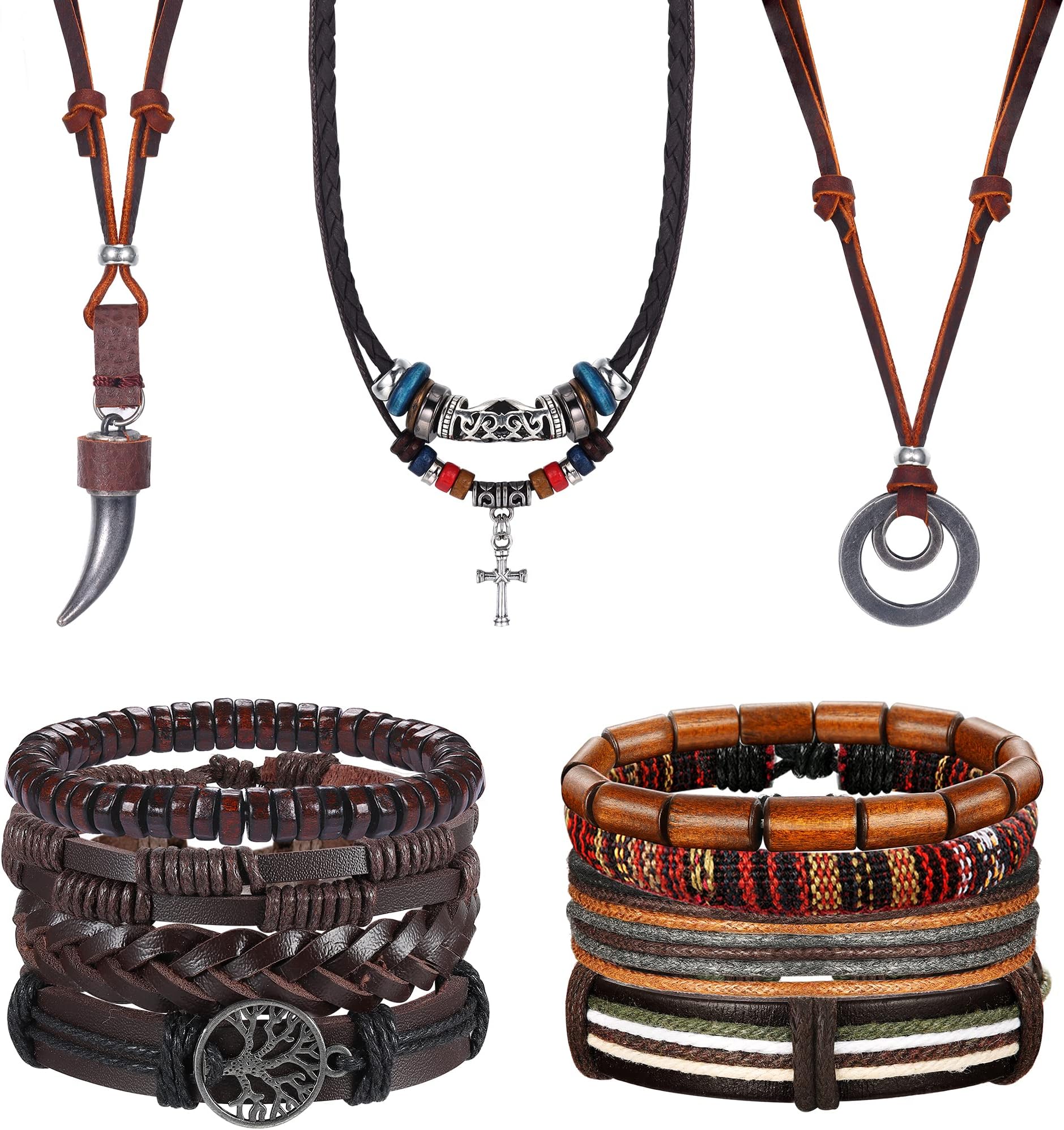 Leather Necklace Bracelet for Men Tribal Wolf Tooth Wood Bead Cross Pendant Necklaces Braided Wristband Vintage Brown Black Jewelry Set Adjustable