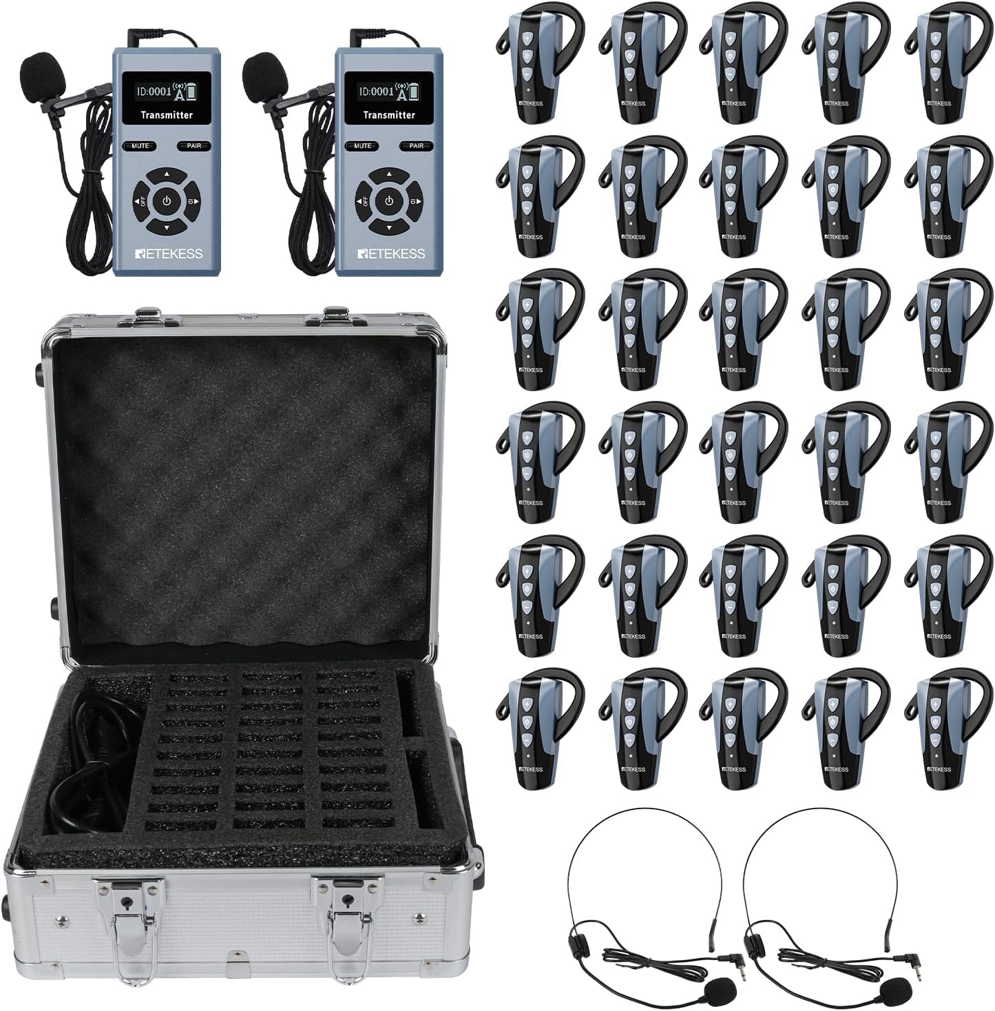 Retekess TT106S 2.4G Wireless Tour Guide System, Tour Guide Headsets, Relax Your Hands, 32-Slot Charge Case, 200m, 50H, Simultaneous Interpretation Equipment for Factory, Church, Meeting (2 TX 30 RX)