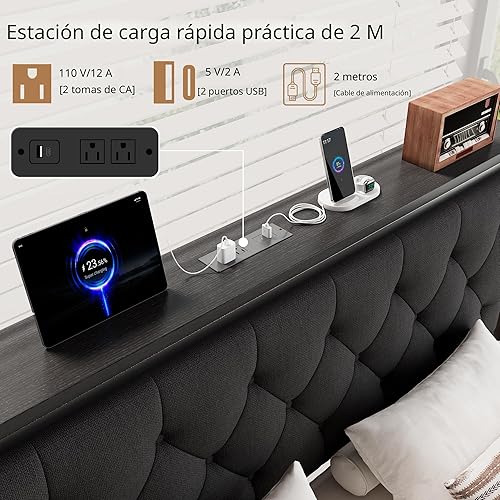 Miniatura 4 de iPormis Estructura de cama completa con 2 cajones de almacenamiento, cama de plataforma con cabecera tapizada de lino con estación de carga, no
