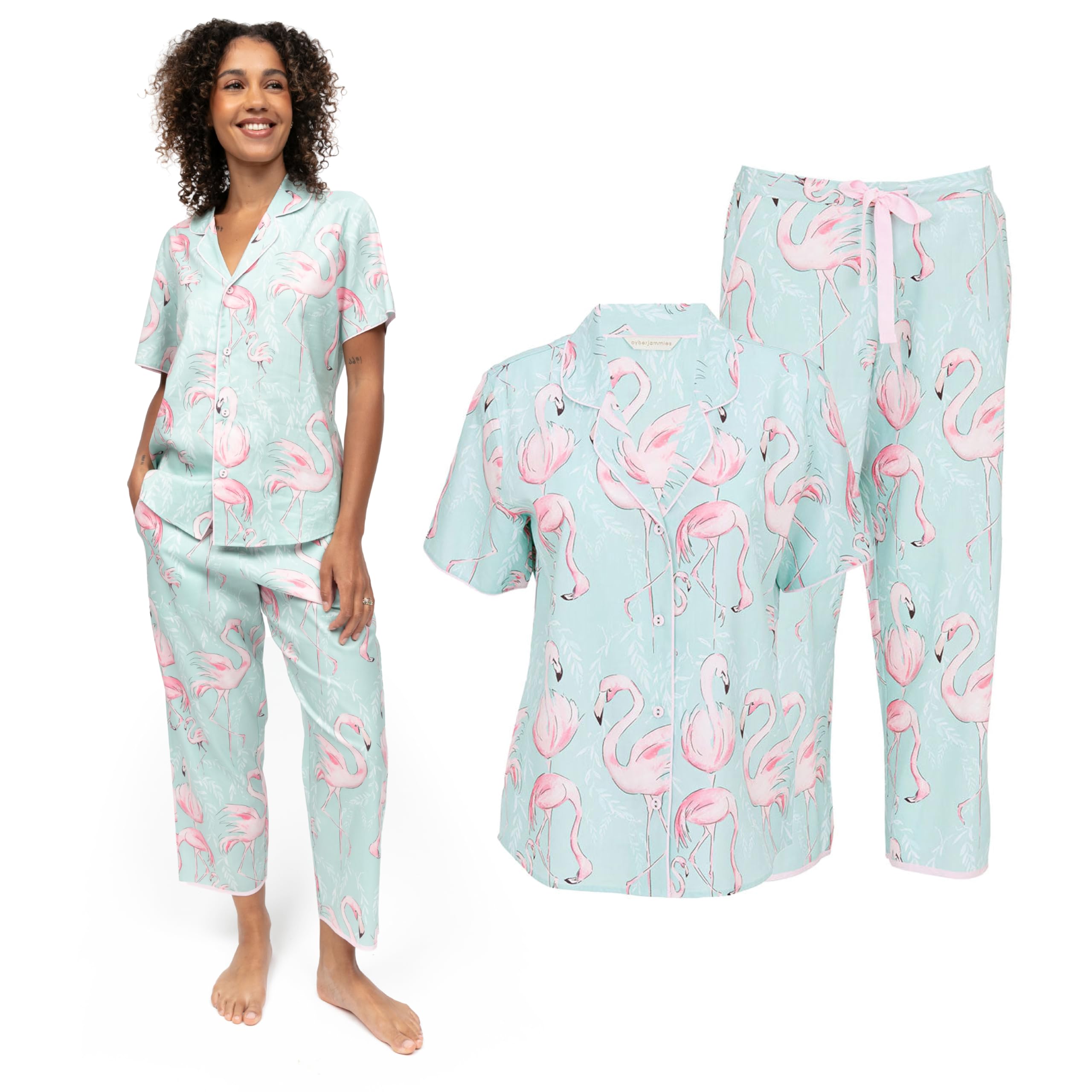 Cyberjammies Francesca Womens Flamingo Print Cropped Pyjama Set | Soft Cotton Modal Ladies Pyjamas | Women PJs Loungewear Sets