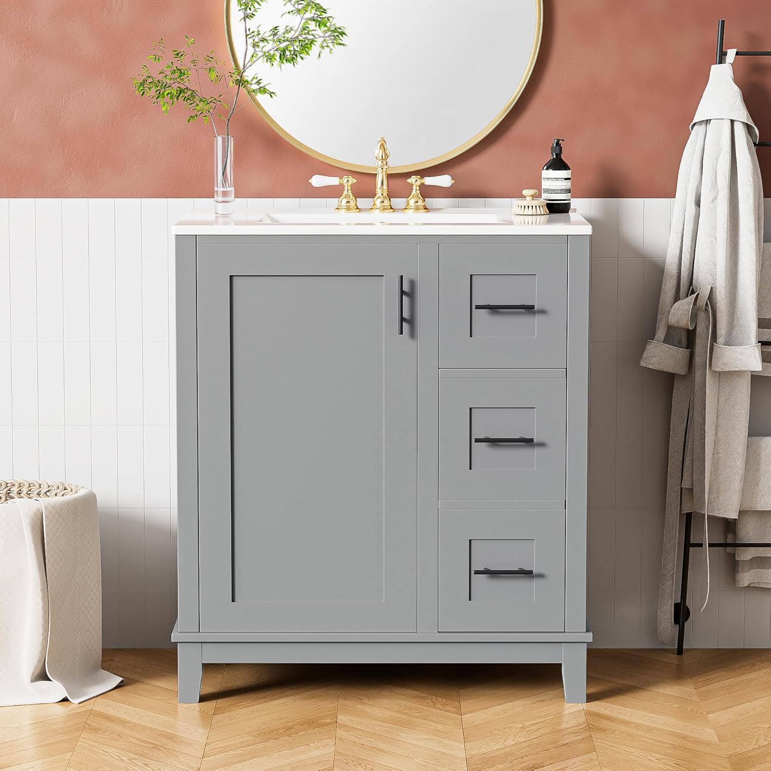 30'' Bathroom Vanity with Single Sink Combo, Modern Bathroom Storage Cabinet with 3 Drawers, One Door with Double Storage Racks, Freestanding Bathroom Vanities, Rubberwood Frame (Grey-042)