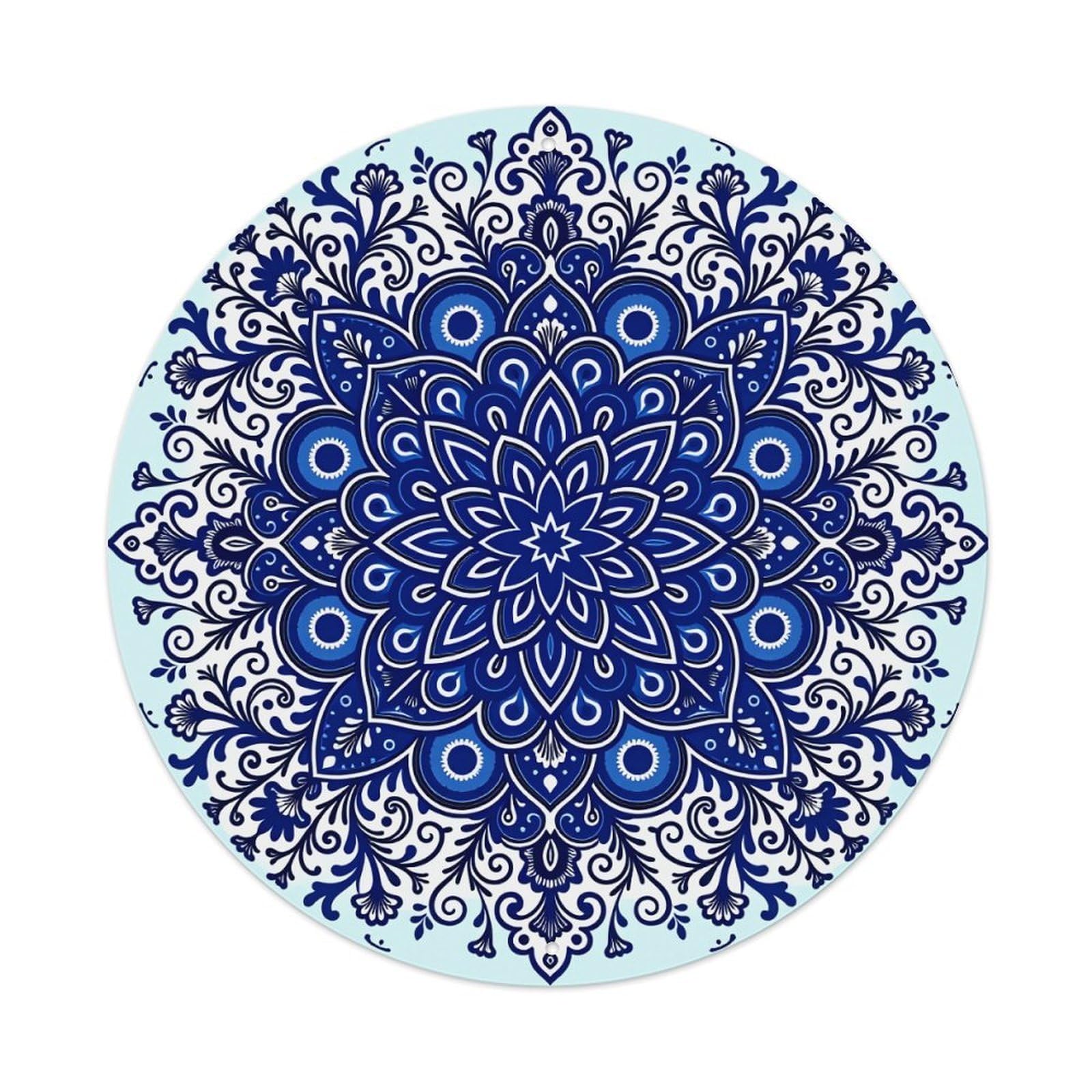 Blue Floral Mandala Pattern With Intricate Details And Symmetrical Design Round Vintage Tin Sign,Retro Wall Art,Metal Poster for Home, Bar, Garage, Cafe, Rustic Indoor & Outdoor Decor, 8x8 Inches