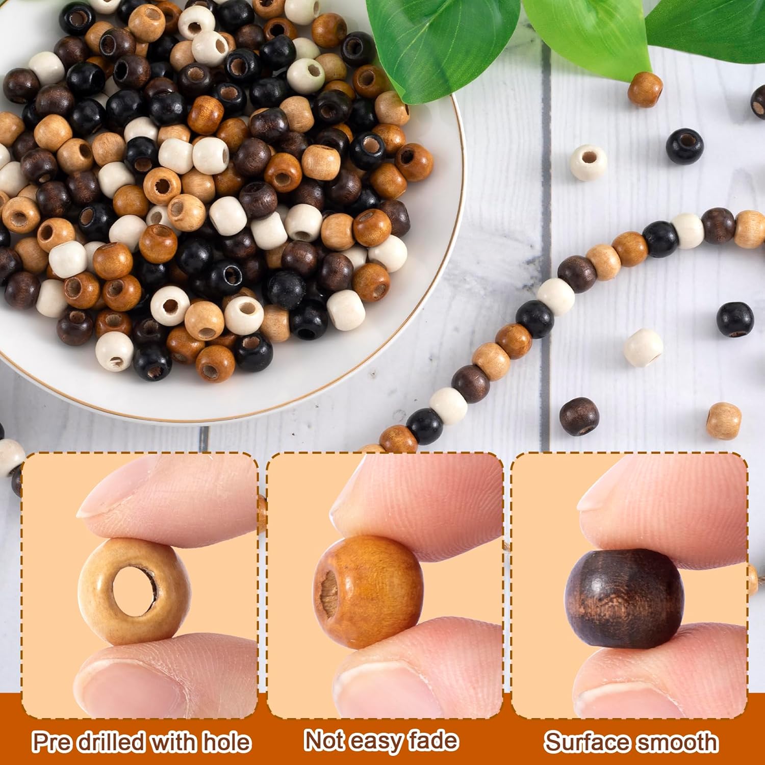 300 Pcs Large Hole Wooden Beads, Vintage Natural Wood Beads for Crafts, 9X10mm Round Wooden Loose Spacer Bead for Garland Necklaces Bracelets Earrings Anklets Pendant DIY Crafts- 5 Styles - Image 3