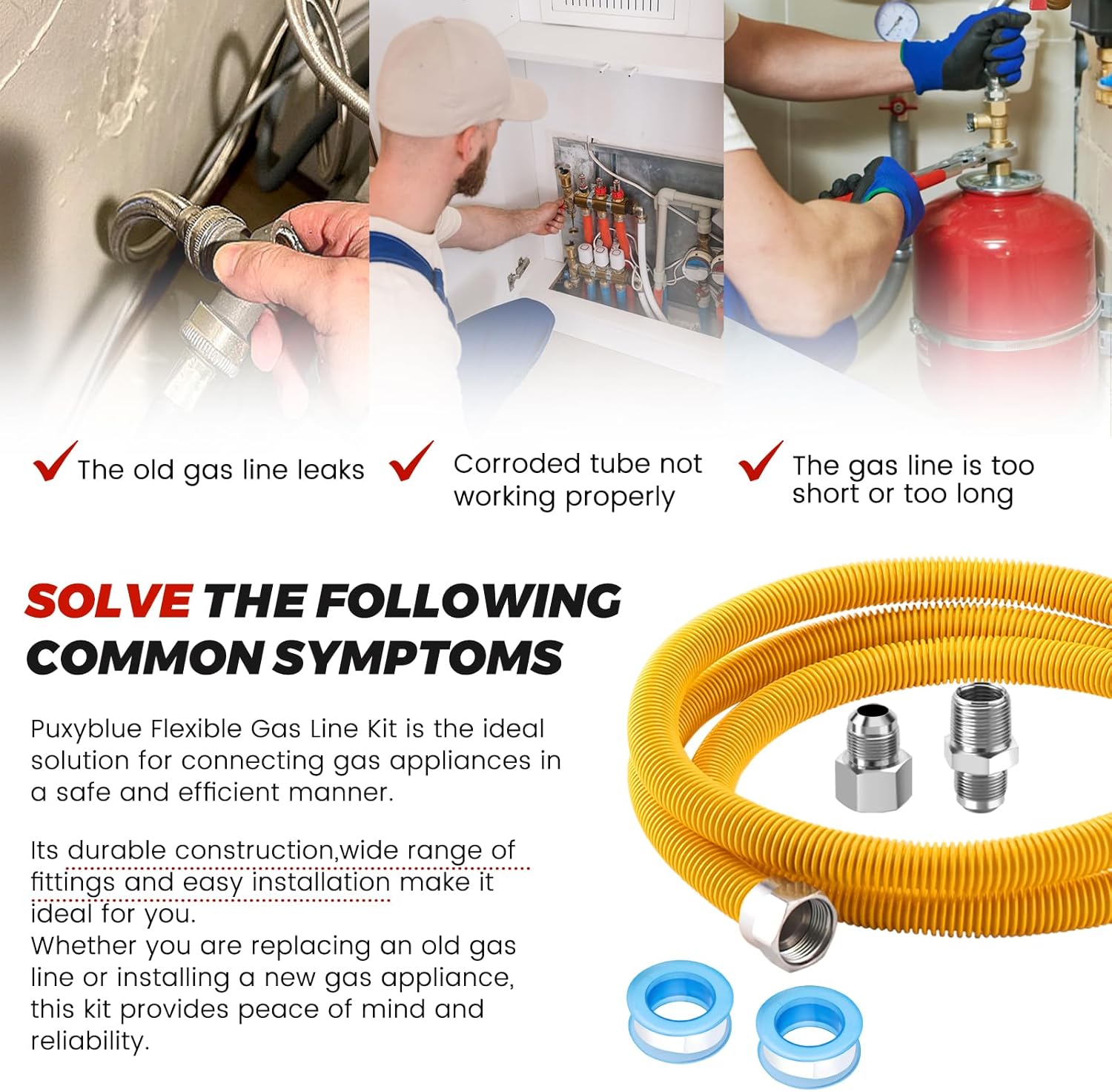 Puxyblue [2026 New] 72" Flexible Gas Line Kit for Dryer Stove Range Water Heater - 1/2" OD(3/8" ID) Flexible Stainless Steel Gas Dryer Kit Come with 1/2" MIP & 1/2" FIP Additional Raw Belt