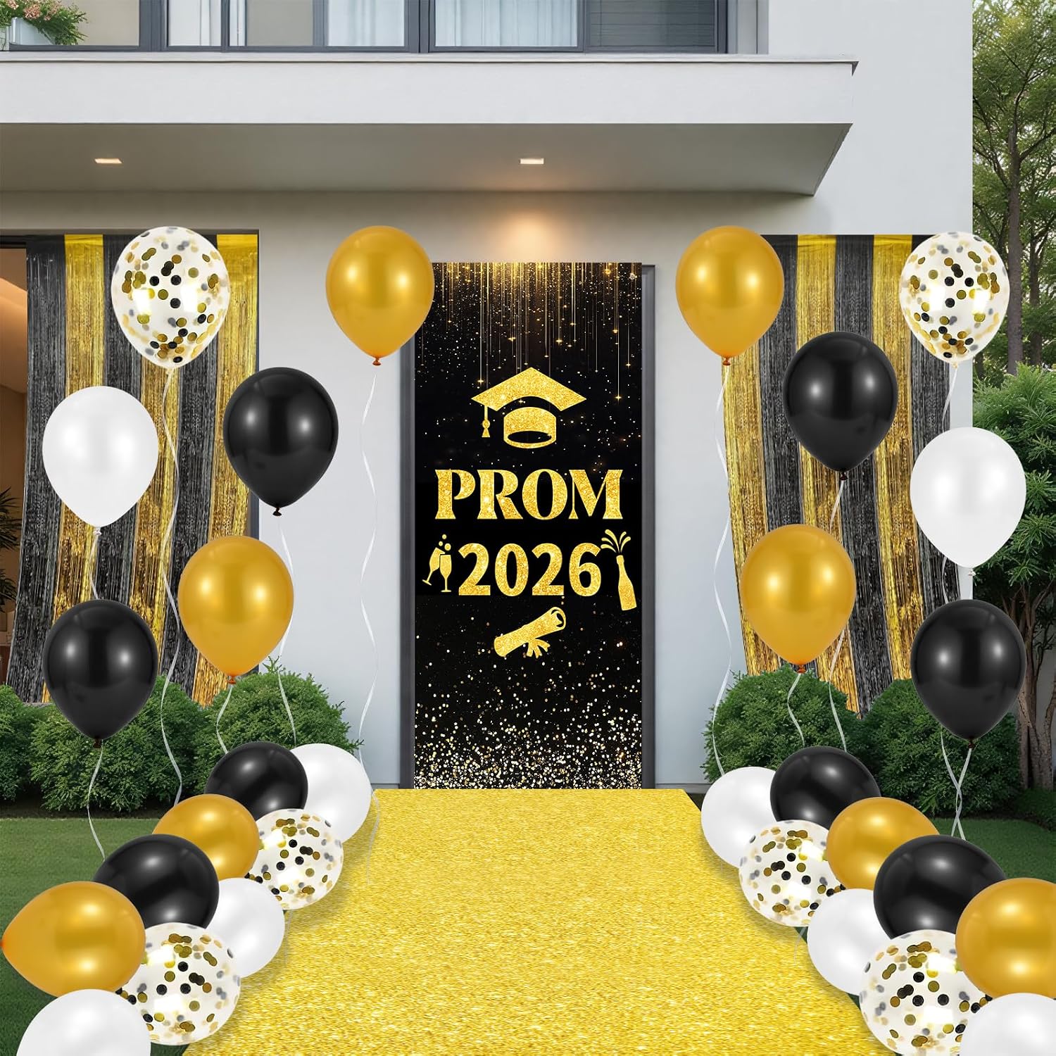 Prom 2026 Party Decorations Set,15 x 2ft Glitter Carpet Runner Runway Rug Prom 2026 Door Banner Tinsel Foil Fringe Curtains Balloons for Graduation Prom Decoration