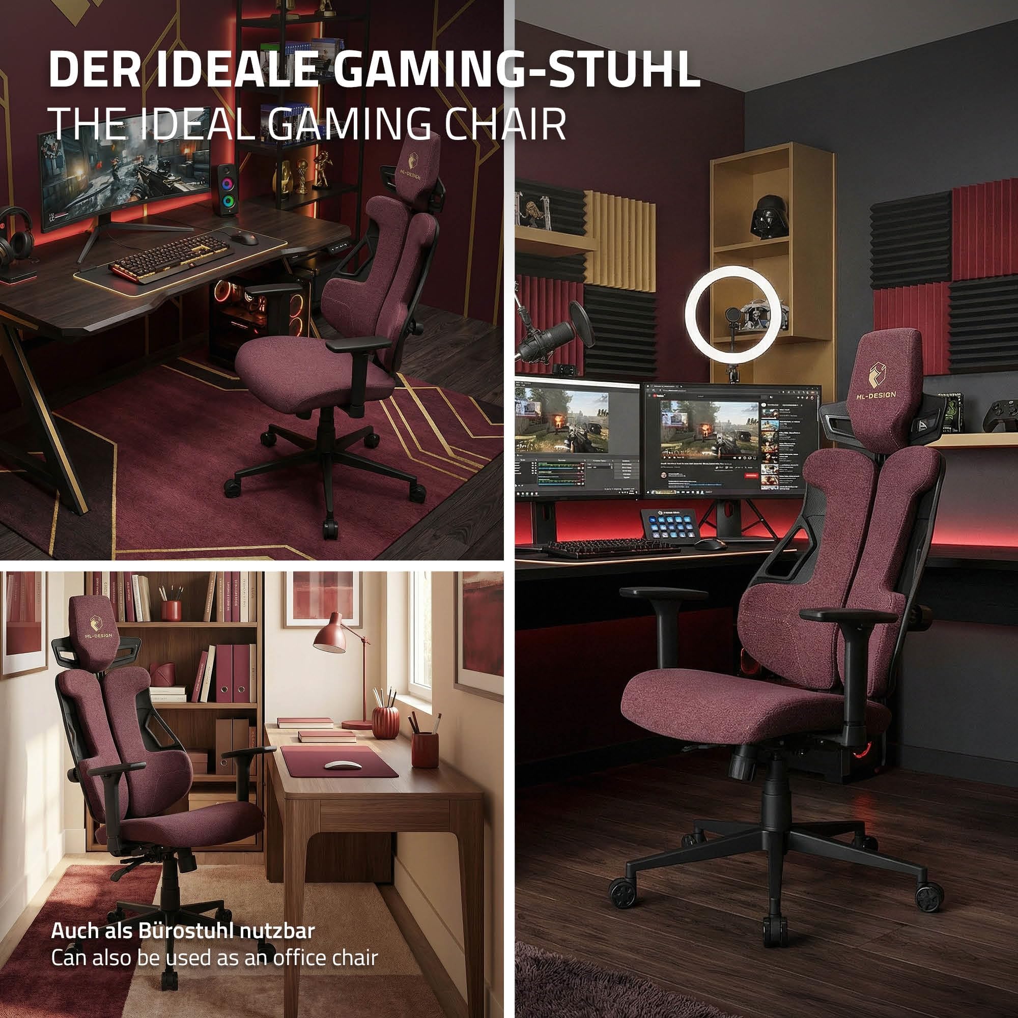 ML-Design Chaise de Gaming Ergonomique en Tissu Rouge, Accoudoirs 3D Réglables, Appui-Tête, Soutien Lombaire, Dossier Ajustable, Fauteuil Gamer Confortable pour Ordinateur, Mobilier Bureau Home Office