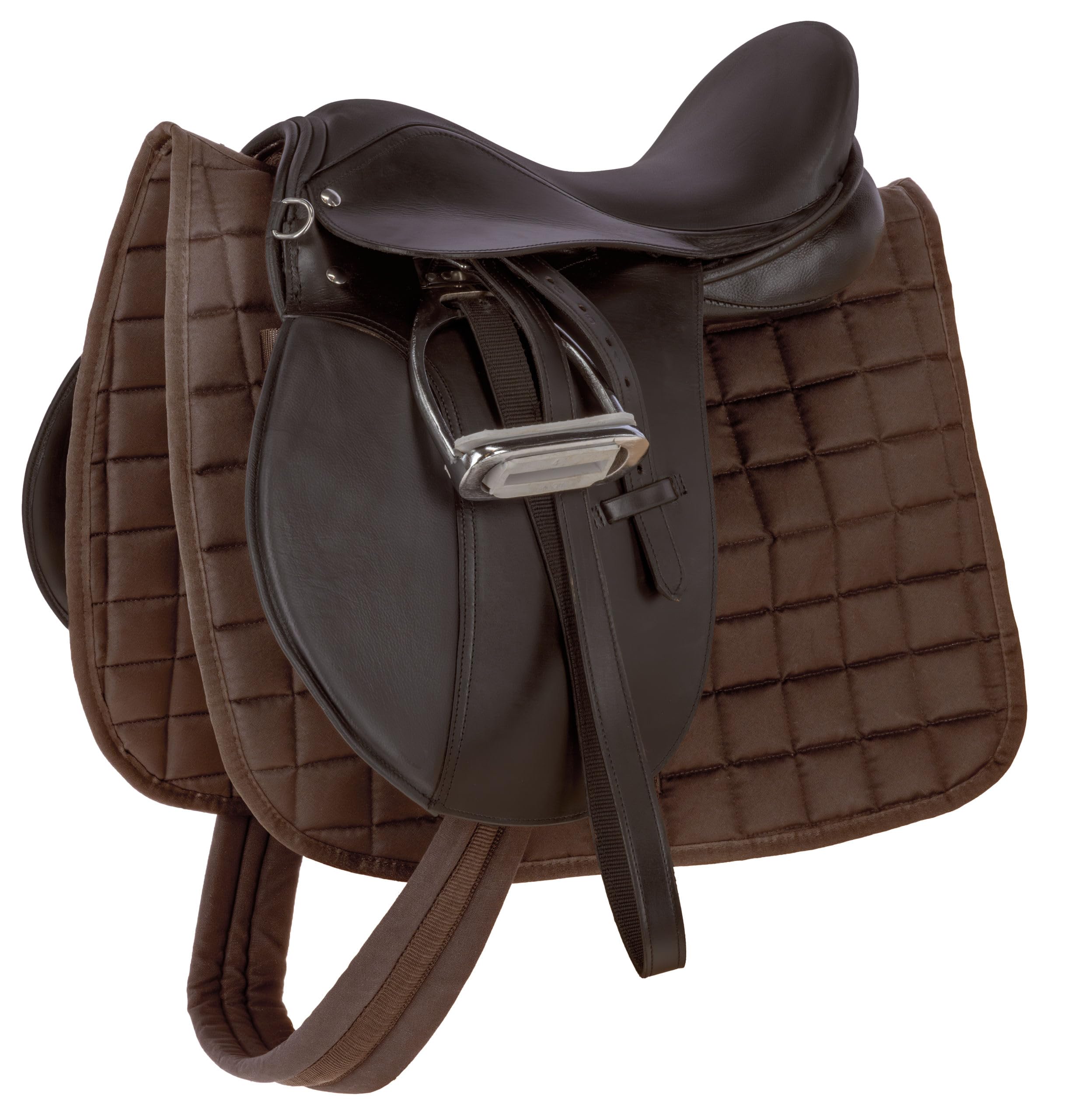 Covalliero Juego de silla de montar, Haflinger, marrón, 17,5 pulgadas, ancho de la silla 34,5 cm, longitud de la cincha 125 cm, cómoda, buen ajuste, incluye silla y mantilla.