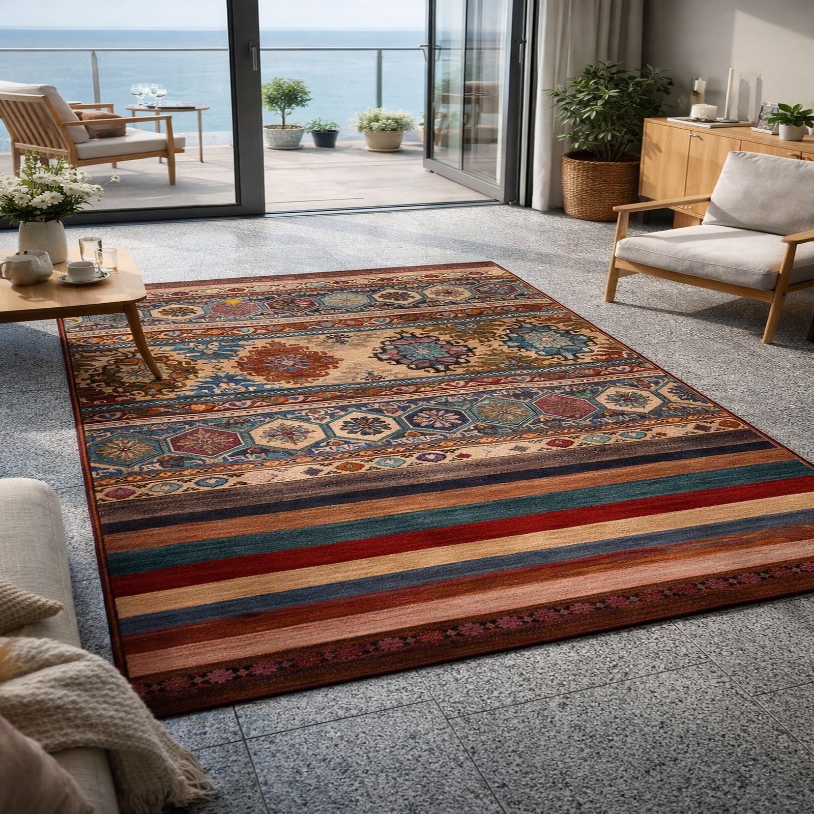 Tapis oriental rouge et bleu 120x200 cm pour salon et chambre à poils ras
