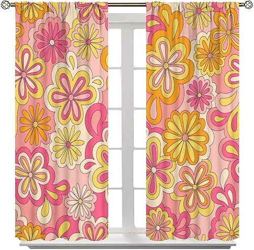 Miniatura 8 de Cortina hippie de mediados de siglo, flores con aspecto de margaritas en estilo abstracto, ondas, retro, años 60, 70, patrón impreso, cortinas de