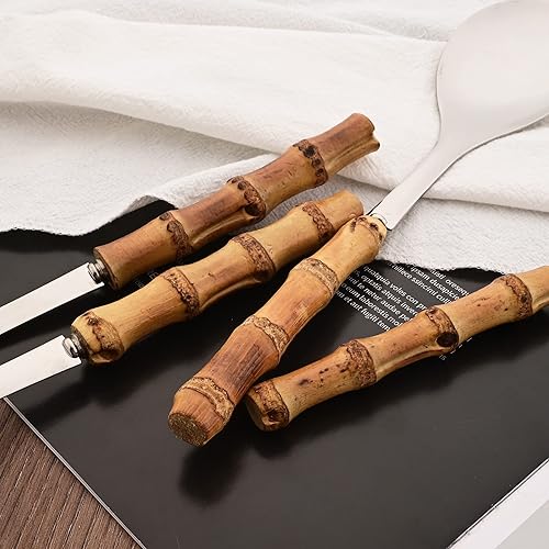 Vista 4 de Juego de 2 cucharas de servir de acero inoxidable de 10.0 pulgadas con mango de bambú natural, grandes utensilios plateados para servir, cucharón