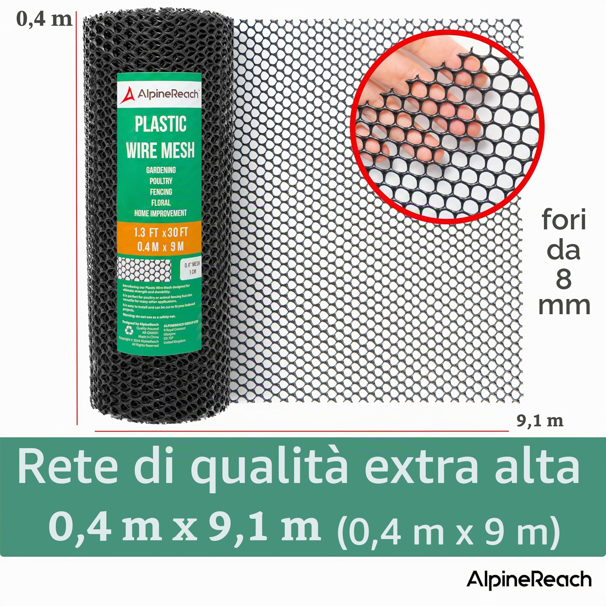 AlpineReach Rete metallica in plastica da 0,4 m x 9 m, rotolo di recinzione con fascette, ideale per pollame, cani, barriera per conigli e giardinaggio, rete resistente per polli, versatile e rigida