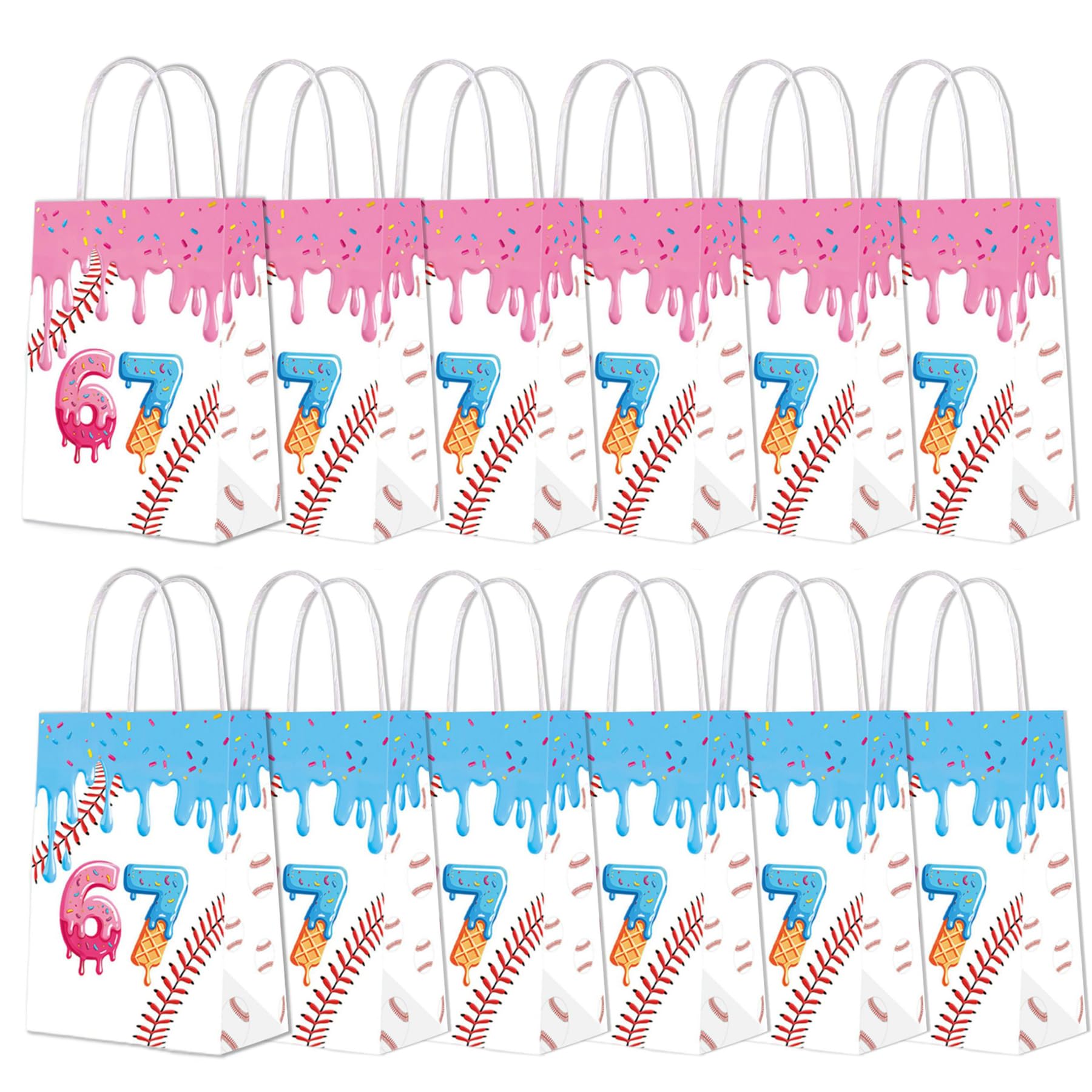 12 Pcs Funny 67 Baseball Party Gift Bags with Handles, Colorful 6 7 Ice Cream Drip Candy Goodie Treat Bags Birthday Party Decorations (White)