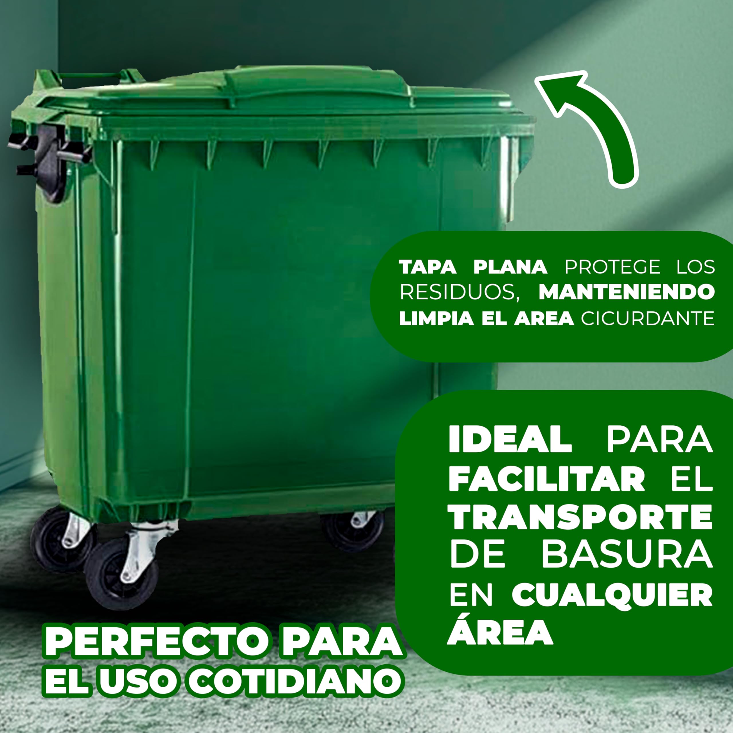 SSI Contenedor de Basura 1100L con Tapa Plana - Ruedas con Freno, Desagüe Inferior, Cumple Normativa EN-840, Ideal para Grandes Volúmenes de Residuos y Reciclaje en Exteriores (Verde, 1100 litros)